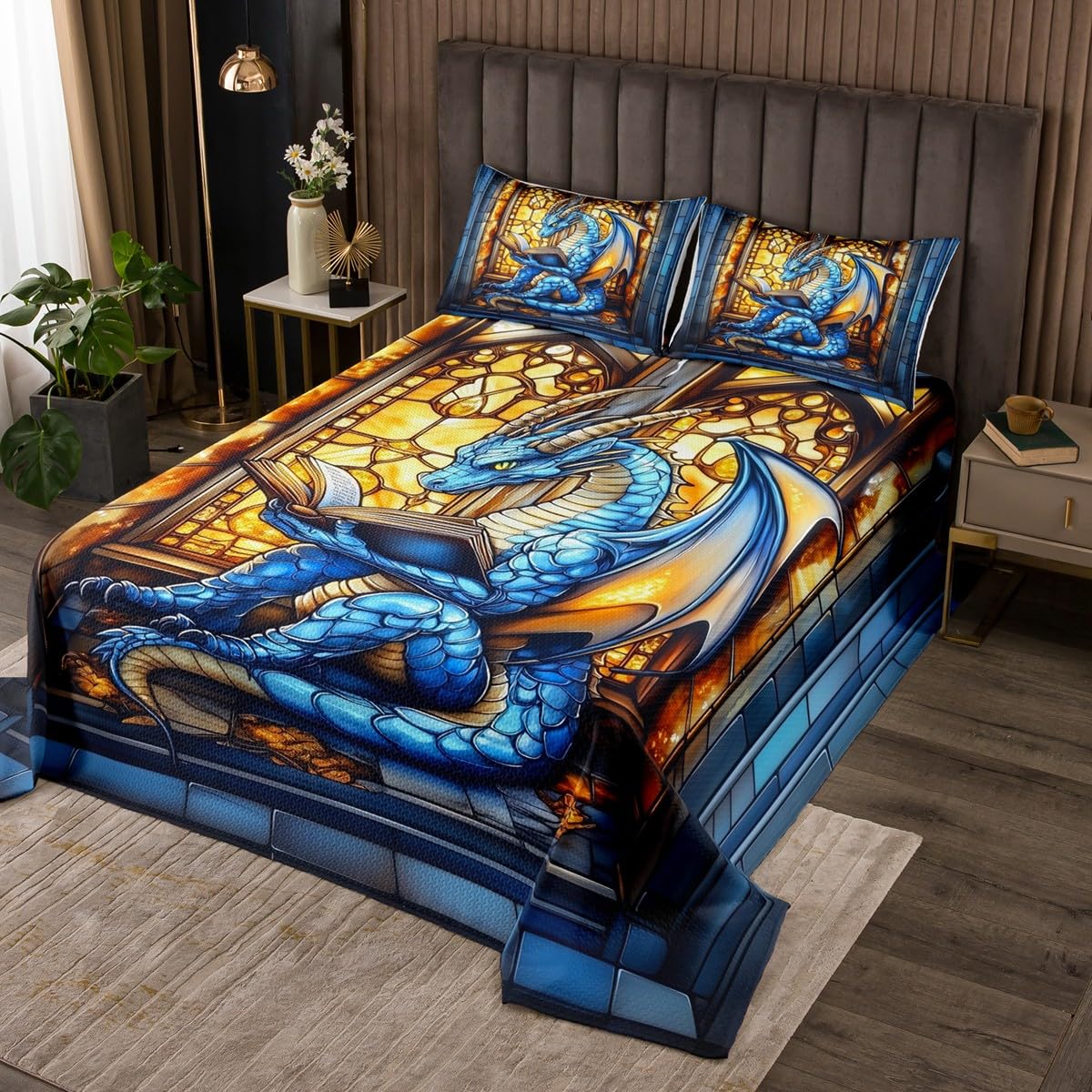 Couvre-lit bleu motif dragon pour decoration chambre garcons filles