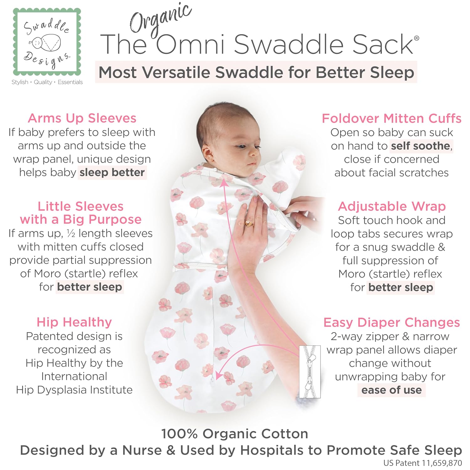 SwaddleDesigns Organic 6-Way Omni Swaddle Sack Arms Up Swaddle for Newborn, More Options to Calm Startle Reflex, Improves Sleep, Small, 0-3 Month, 6-14 lbs, Watercolor Peach Blush Popppies