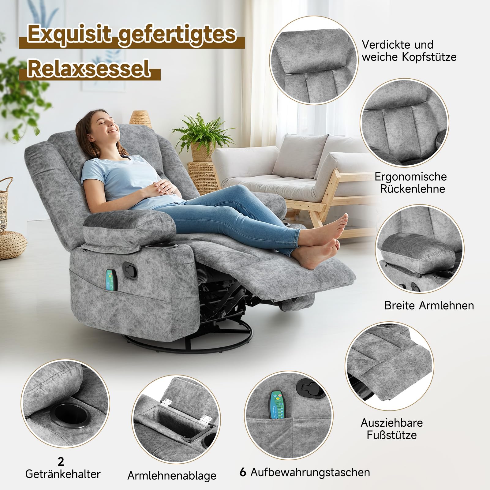 HAUSPROFI Fernsehsessel mit Wärme und Massage, Relaxsessel mit Liegefunktion, TV Sessel Wohnzimmer 360° Drehbarer mit 6 Seitentaschen Getränkehalter, Elektrisch Verstellbar Massagesessel, Grau