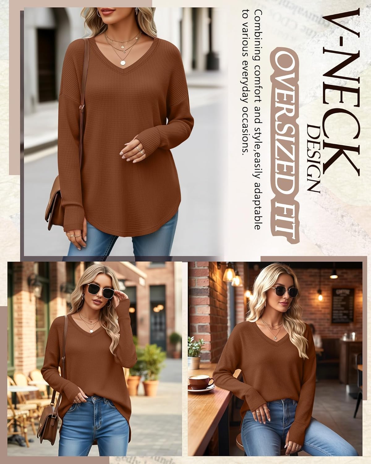 Women's Long Sleeve Waffle Knit Tops V Neck Curve Hem Long Shirts with Thumb Hole Oversized Casual Tunic Fall Shirt - Image 2