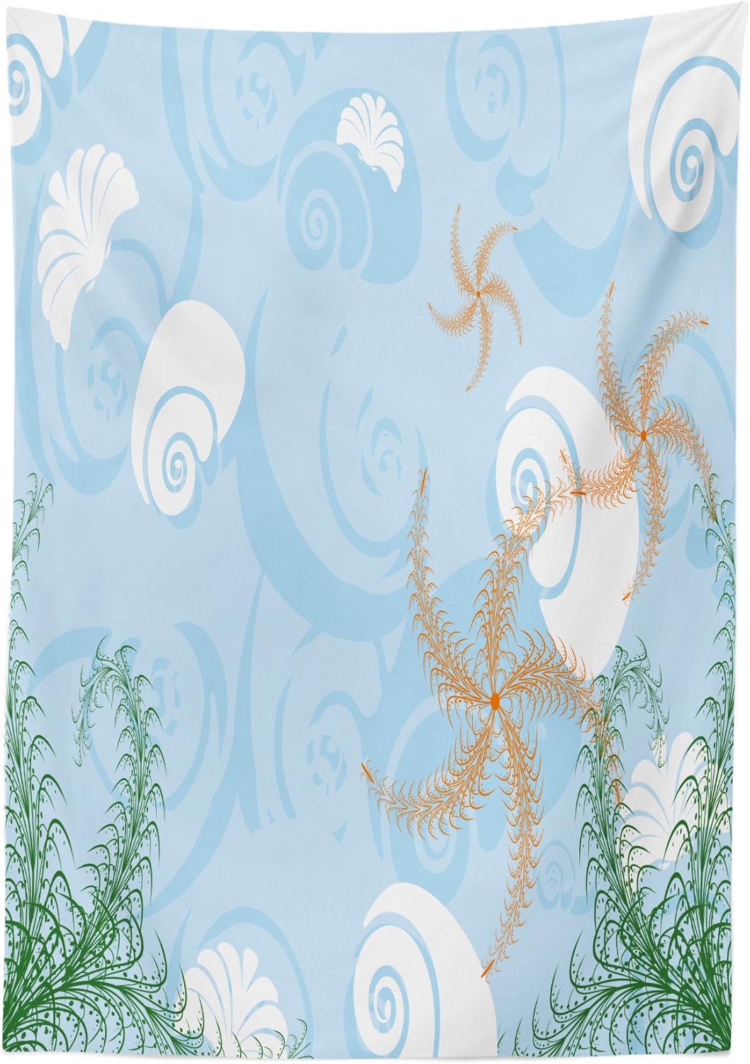 Ambesonne Ocean Tablecloth, Coastal Theme Under The Sea Background with Snails and Starfish Coral Reef, Rectangular Table Cover for Dining Room Kitchen Decor, 60" X 84", Blue White 60" X 84" Blue White