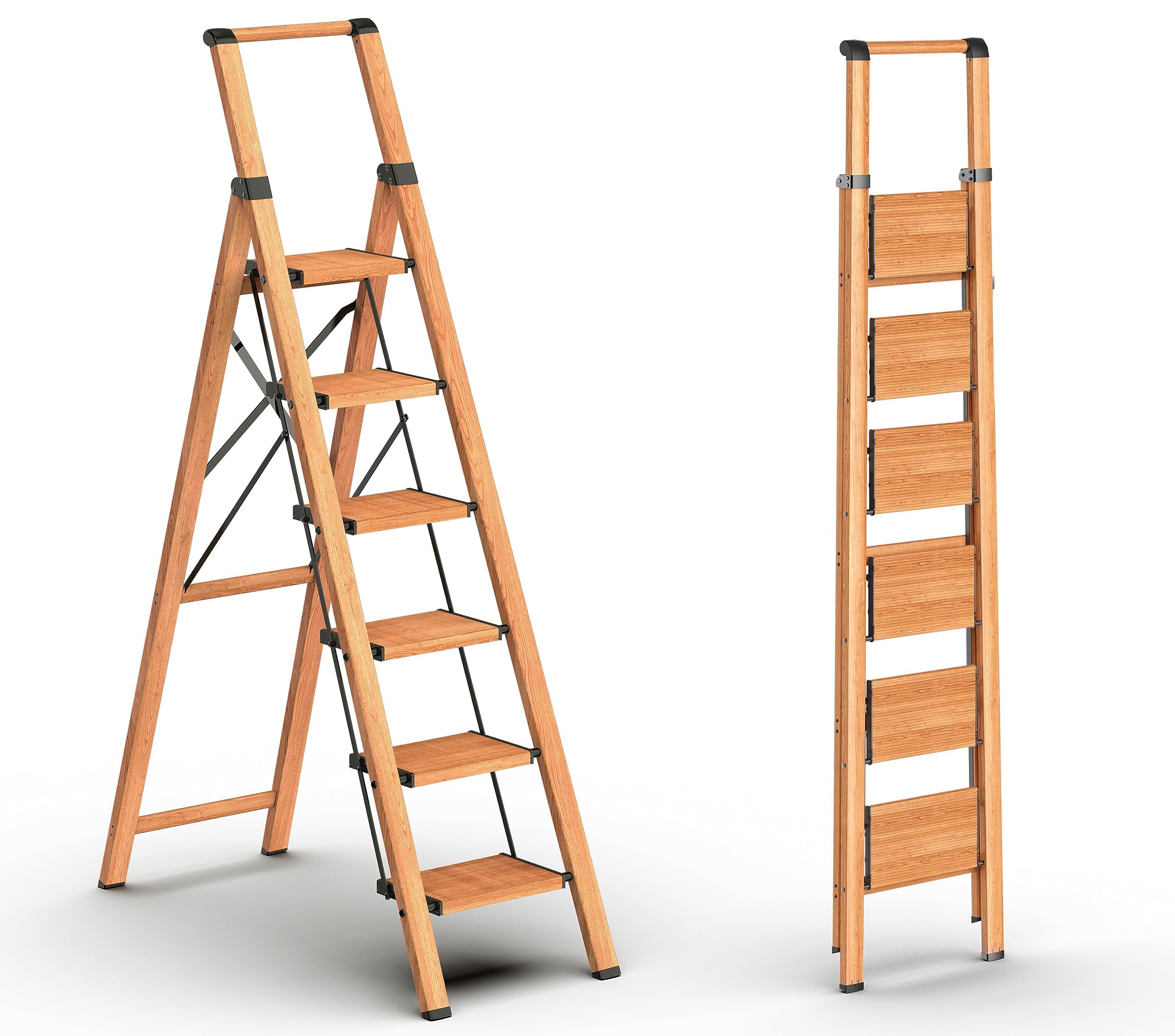6 Step Ladder, Foldable 6 Step Stool, Woodgrain