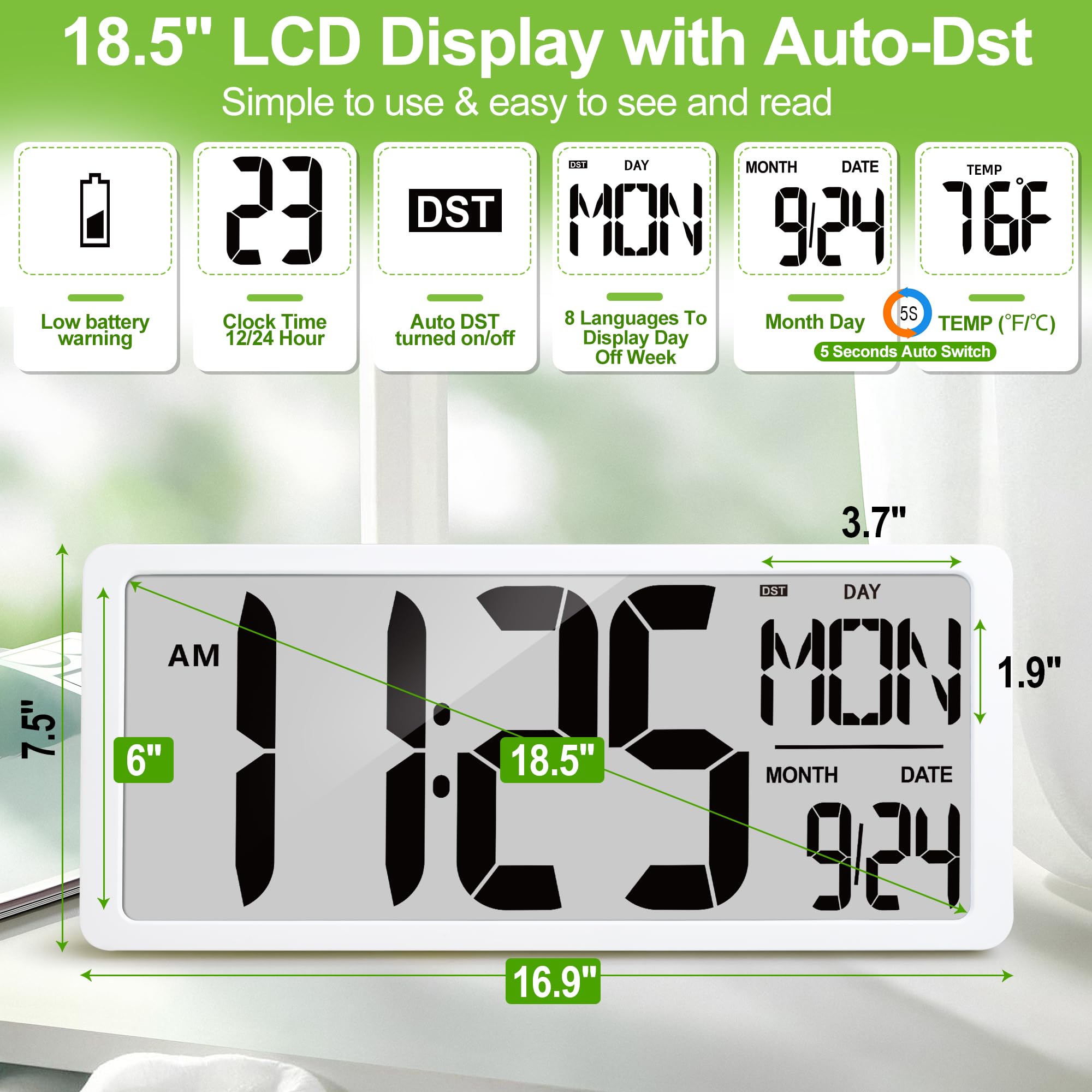 Extra große digitale Wanduhr, batteriebetrieben, mit Uhrzeit/Kalender/Temperatur, Jumbo-LCD-Display, Countup-Down-Timer, Wecker für Zuhause, Büro, Schlafzimmer (Batterien im Lieferumfang
