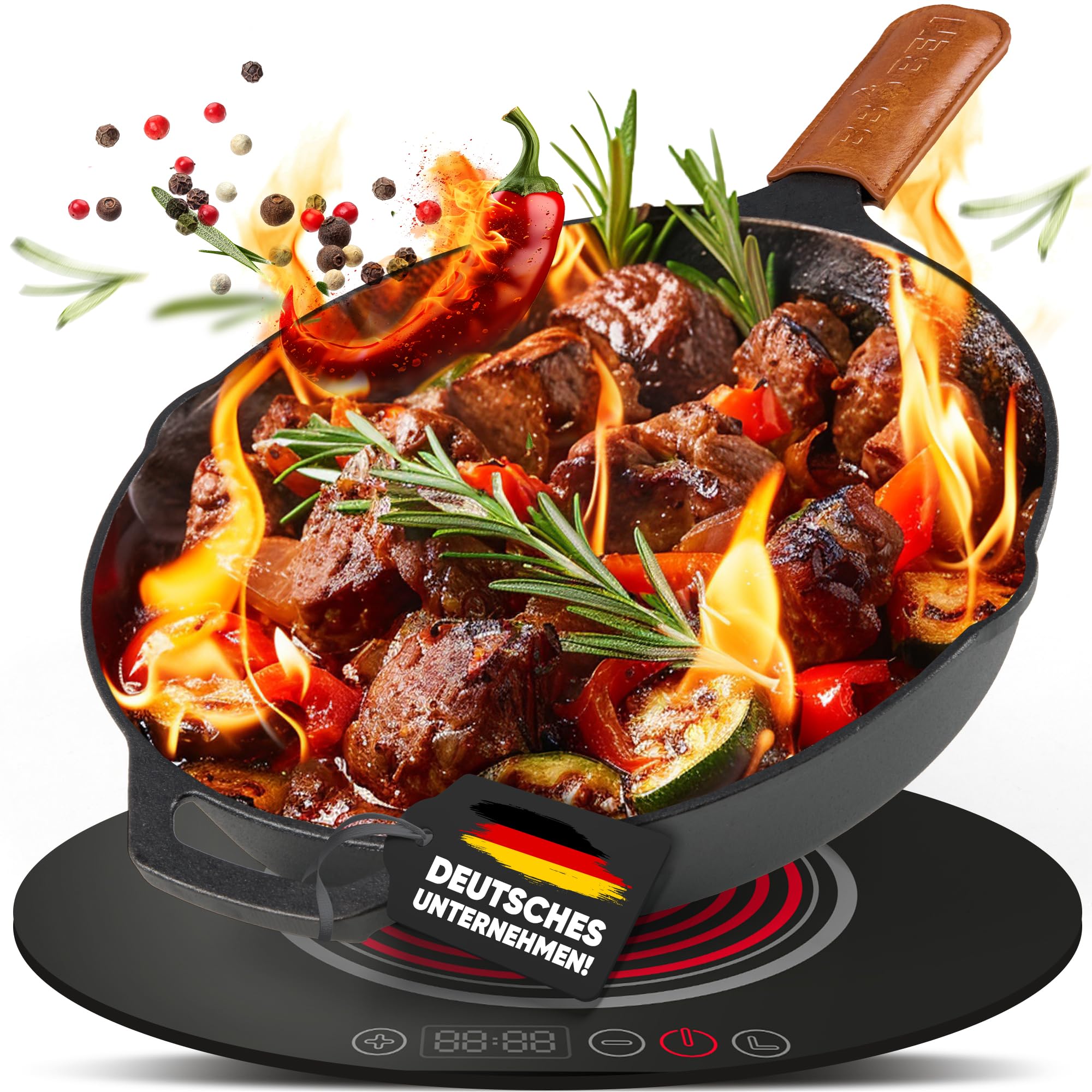 BBQ Ben Gusseisenpfanne Induktion [Feuerfest] Cast Iron Pan - leckere Röstaromen & knusprige Kruste, Grillpfanne Gusseisen, Eisenpfanne, Ofenfeste Pfanne, Antihaft-Bratpfanne, Gusspfanne Grill (30 cm)