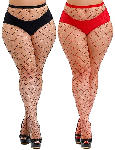 HZH Womens High Waist Tights Fishnet Stockings Plus Size Thigh High Pantyhose - Medium-3X-Large - 2-black+red/Large Gride-2 Pairs