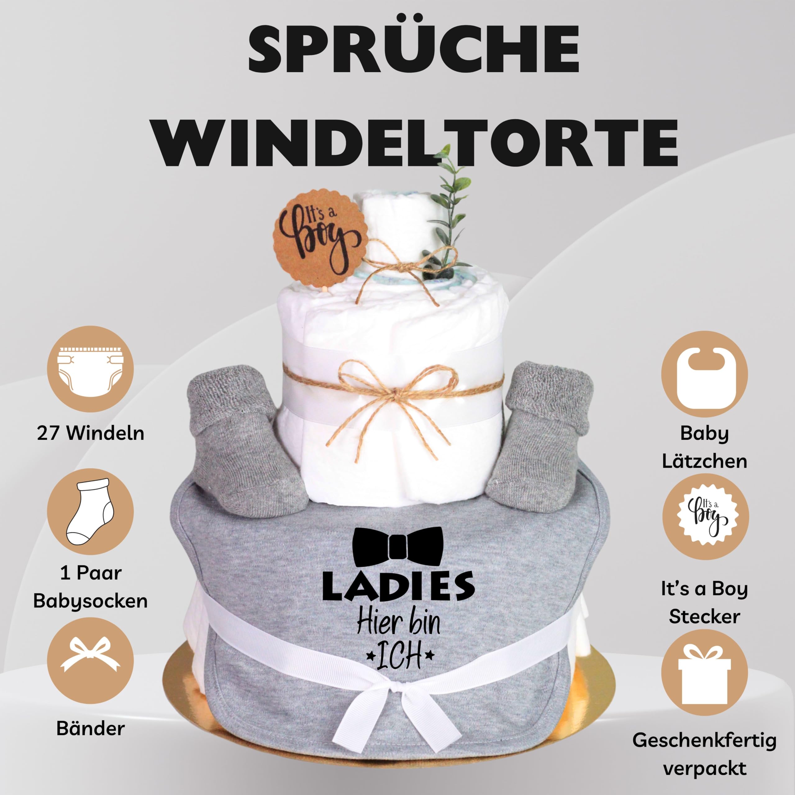Windeltorte grau Junge Lätzchen Babysocken Ladies Hier bin ich, Grau Meliert, Einheitsgröße