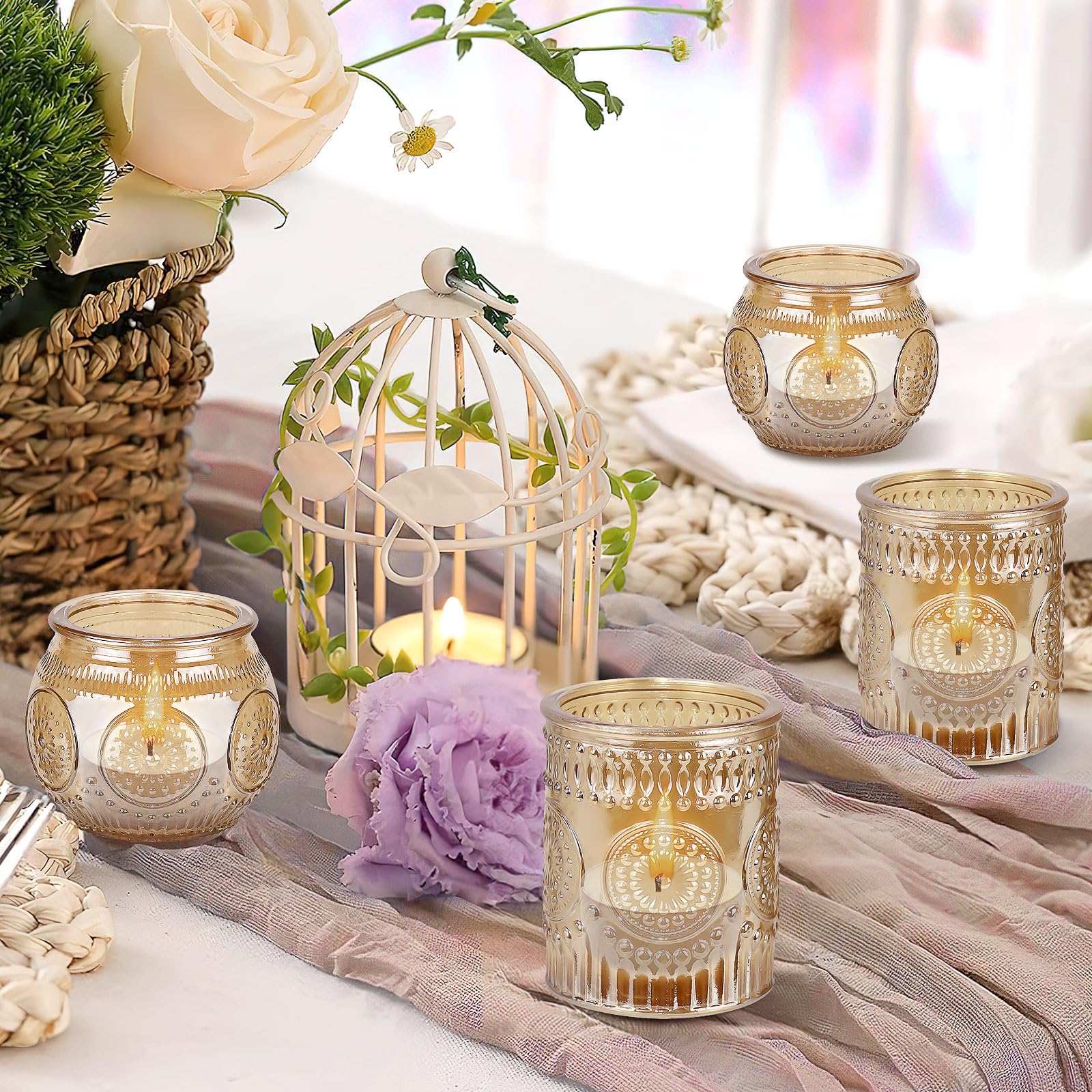36er Teelichthalter Glas Gold, Vintage Kerzengläser für Hochzeit & Deko | Vintage Windlichter mit geprägtem Muster sorgen für warmes Licht bei Jubiläen, Geburtstagen, Feiern und festlichen Anlässen