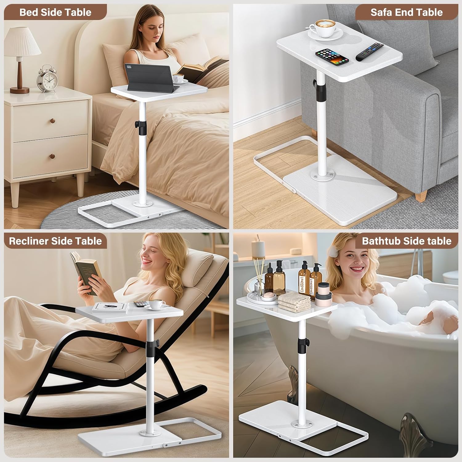 C Table End Table Adjustable Height, 360°Swivel TV Tray Table, Upgraded Metal and Wooden Base to Prevent Slipping, Couch Armrest Tables Snack Tables for Laptop Sofa Bed Dinner or Small Space (white)