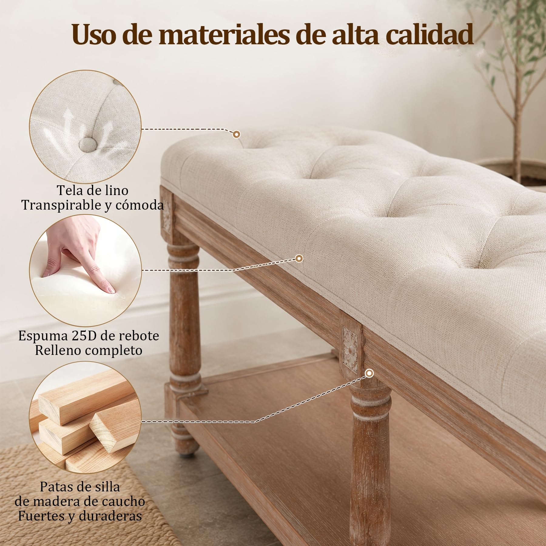 Banco Tapizado con Almacenamiento, Banco de Cama, 2 Plazas