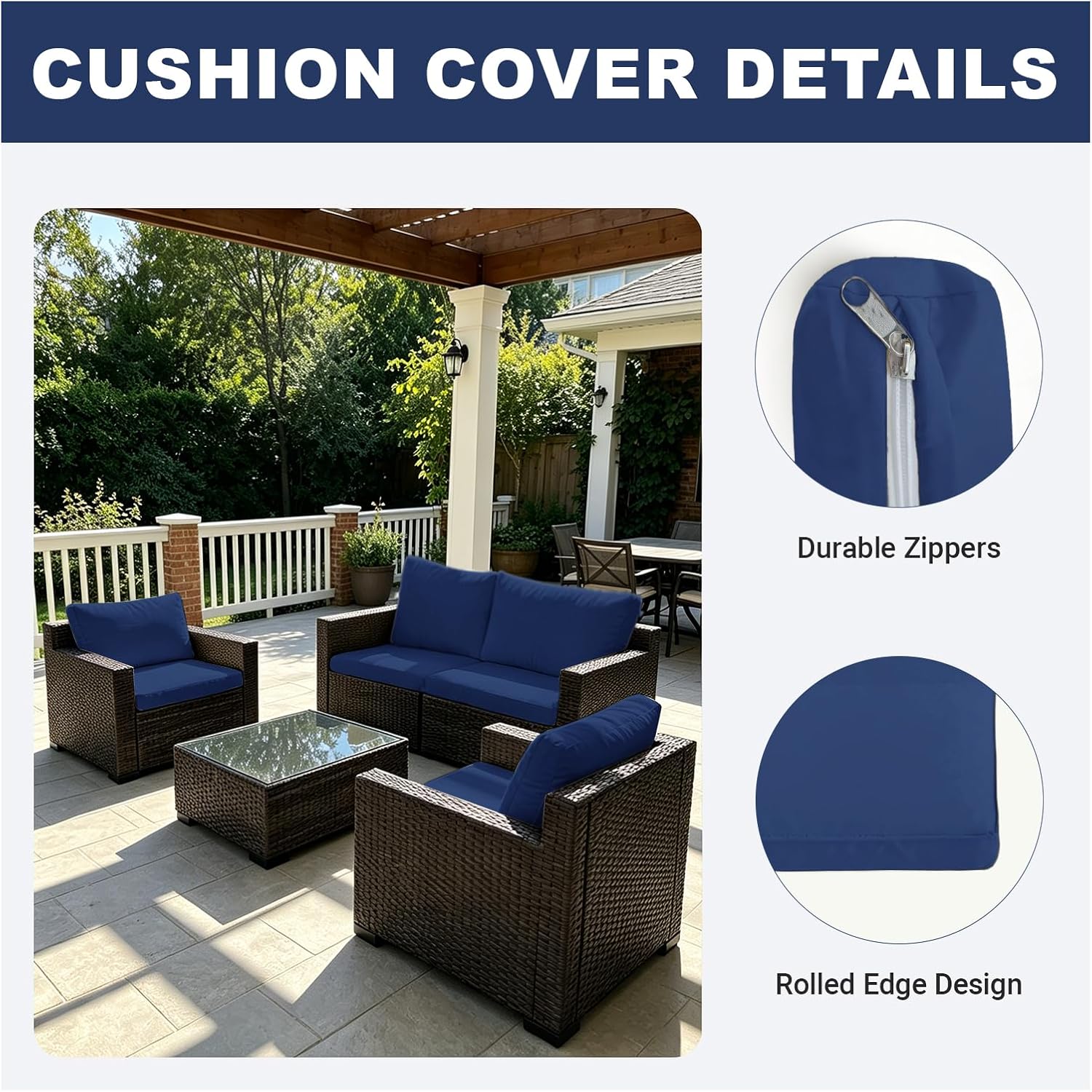 Loungewave 8Pcs Outdoor Cushion Covers Set, Patio Cushion Covers Replacement for Patio Furniture Sofa Couch, Soft Flexibility Washable Reusable Furniture Protector (Navy Blue, Cover Only)