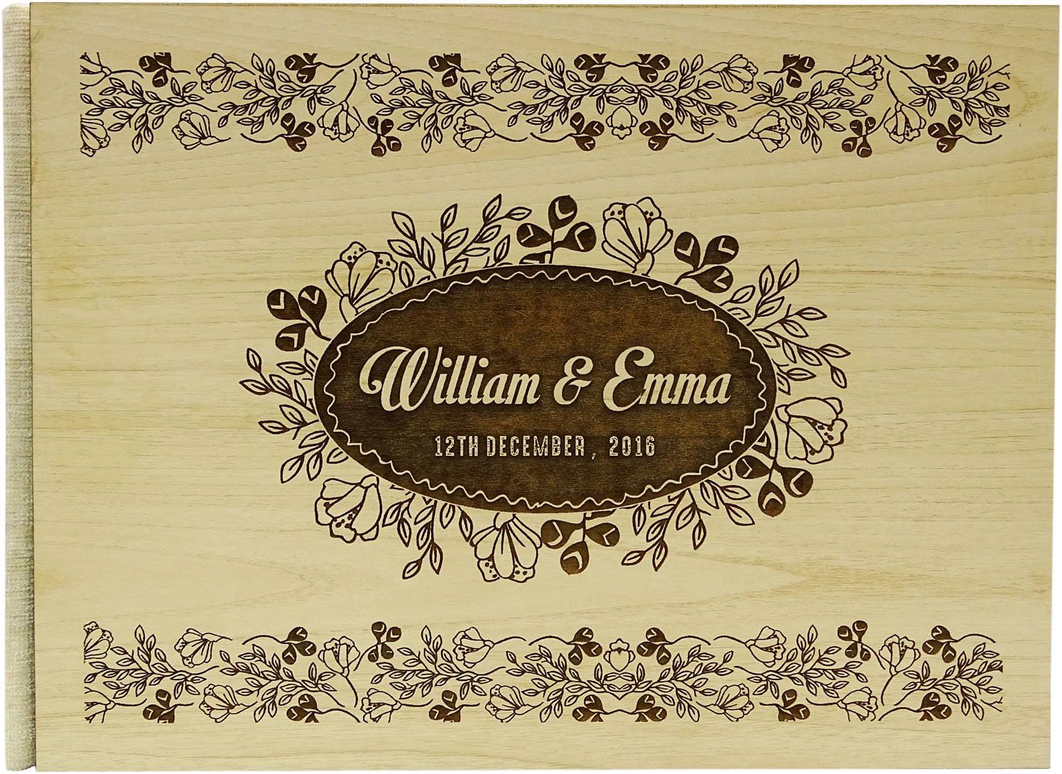 Wood Wooden Floral Engraved Bride & Groom Advice Book Personalized Rustic Wedding Guest Book - 50 Pages