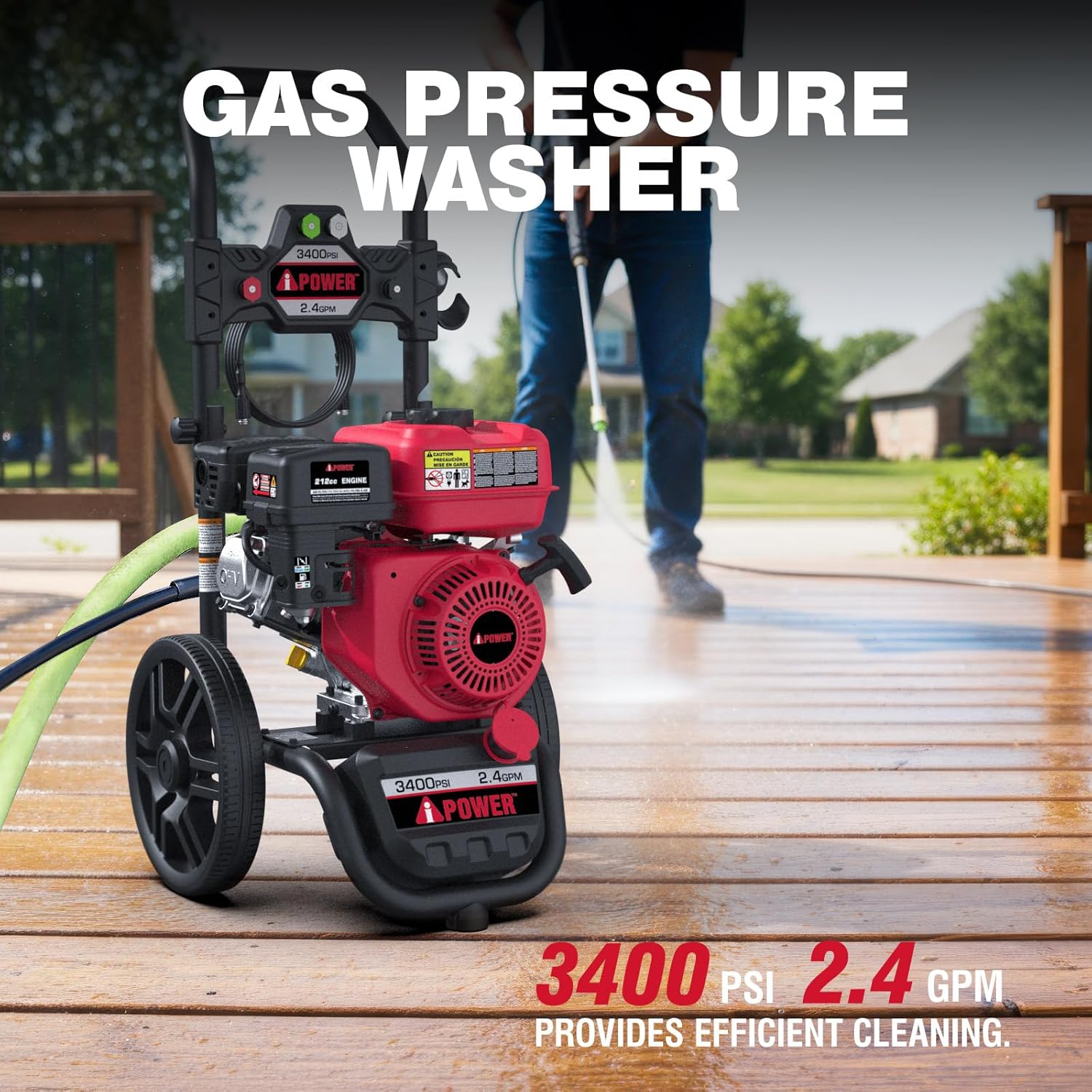 A-iPower Gas Pressure Washer 3400PSI 2.4 GPM Gas Powered Foldable Frame Pressure Washer 12'' Wheel Gas Power Washer, Onboard Soap Tank, with Spray Gun 5 QC Nozzles, for Fence/Cars/Driveways (GPW3400)