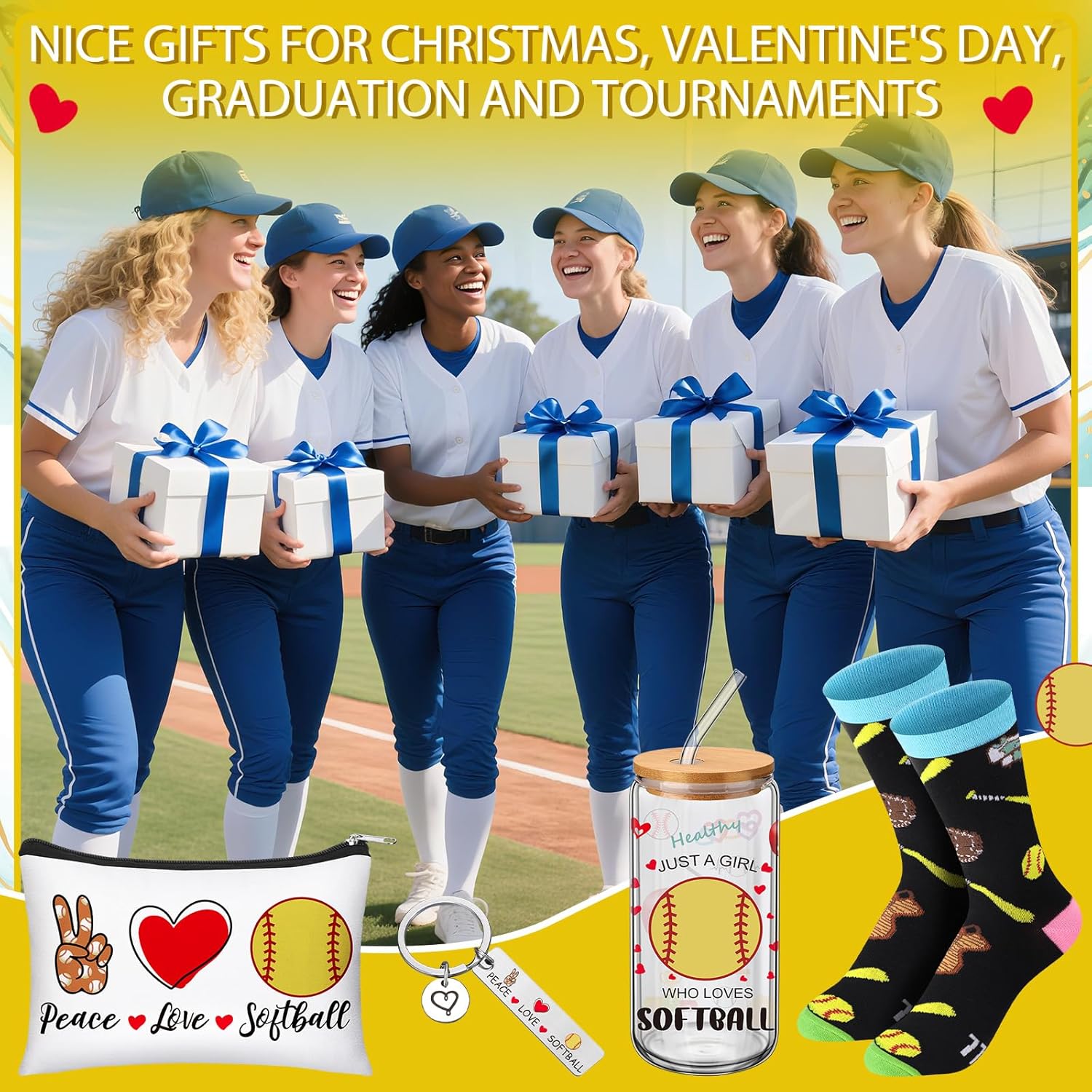 JenPen 4 Pcs Valentine's Day Softball Gifts for Women Girls Include 17oz Glass Cups with Lid Straw Softball Crew Socks Makeup Cosmetic Bag Keychain Accessories for Mom Coach Players Lover Teams - Image 8