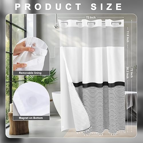 Miniatura 2 de VitalCozy Cortina de ducha en blanco y negro a rayas con borlas, 72 x 72 pulgadas, sin gancho, juego de forro de tela a presión, con ventana