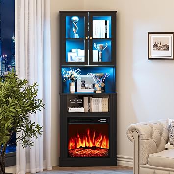 BREEZEHEAT 65" Tall Corner Cabinet with Fireplace, Corner Bookshelf, Black