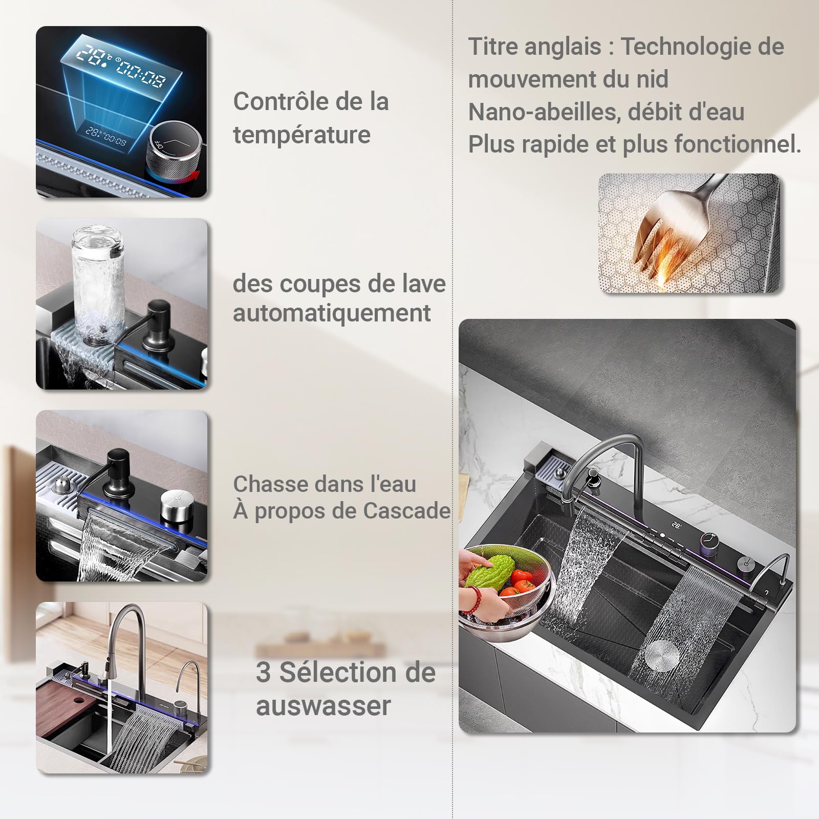 Noir Évier de cuisine 1 baignoire multifonction en acier inoxydable, évier en cascade, avec drainage, planche à découper, lavages, distributeur de savon