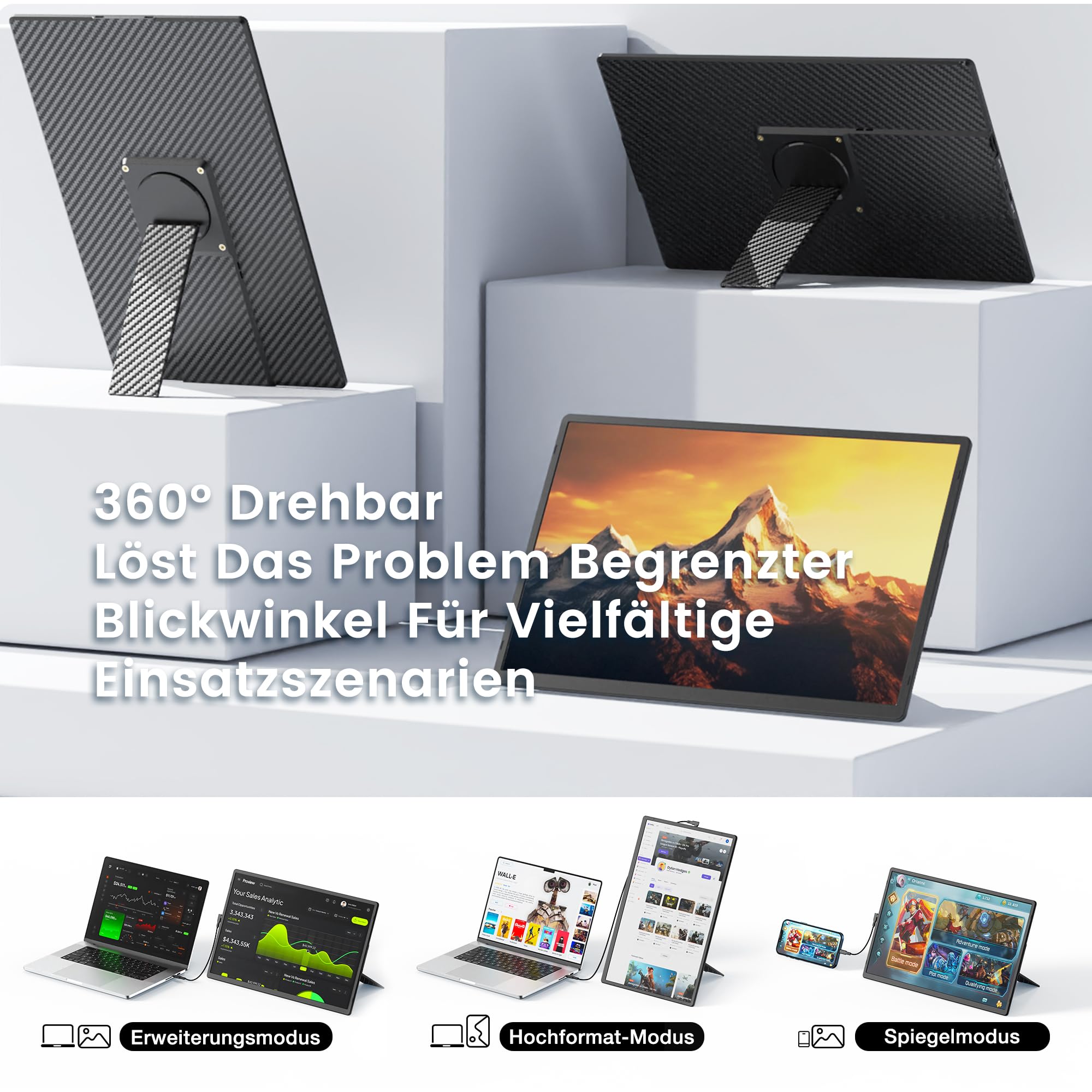 Kwumsy Laptop Bildschirm Erweiterung 16 Zoll,Tragbarer Monitor für Laptop, Full HD IPS Portable Monitor, Ultradünner Zero-Frame Display Monitor, Drehbarer & Abnehmbarer Ständer, VESA-Montierbar