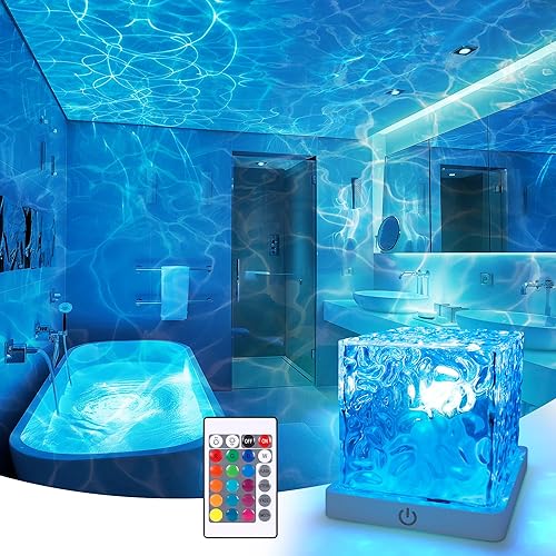 Rechargeable Shower Light No Wiring, 16 Color Changeable Ocean Wave Projector Light, Dimmable Waterproof Shower Lamp with Remote, Rotating Flame Water Ripple Lamp for Shower, Bathroom, Bedroom Decor - 1 Pack