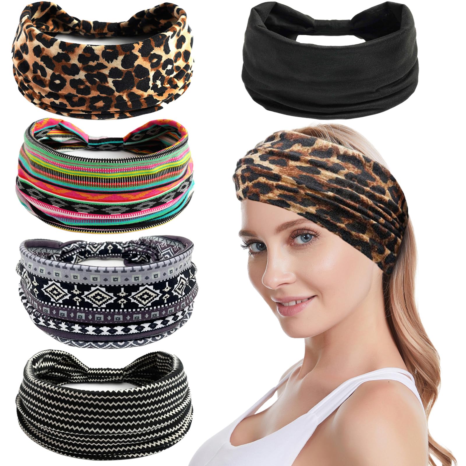 KEYRI 5 Piezas Diadema Mujer, Diadema de Maquillaje Elástico Turbantes para Mujer Bohemias Estampado Cinta Pelo de Leopardo Diadema Skincare para Niña Ducha Deporte Yoga Spa (Multicolor, Talla única)
