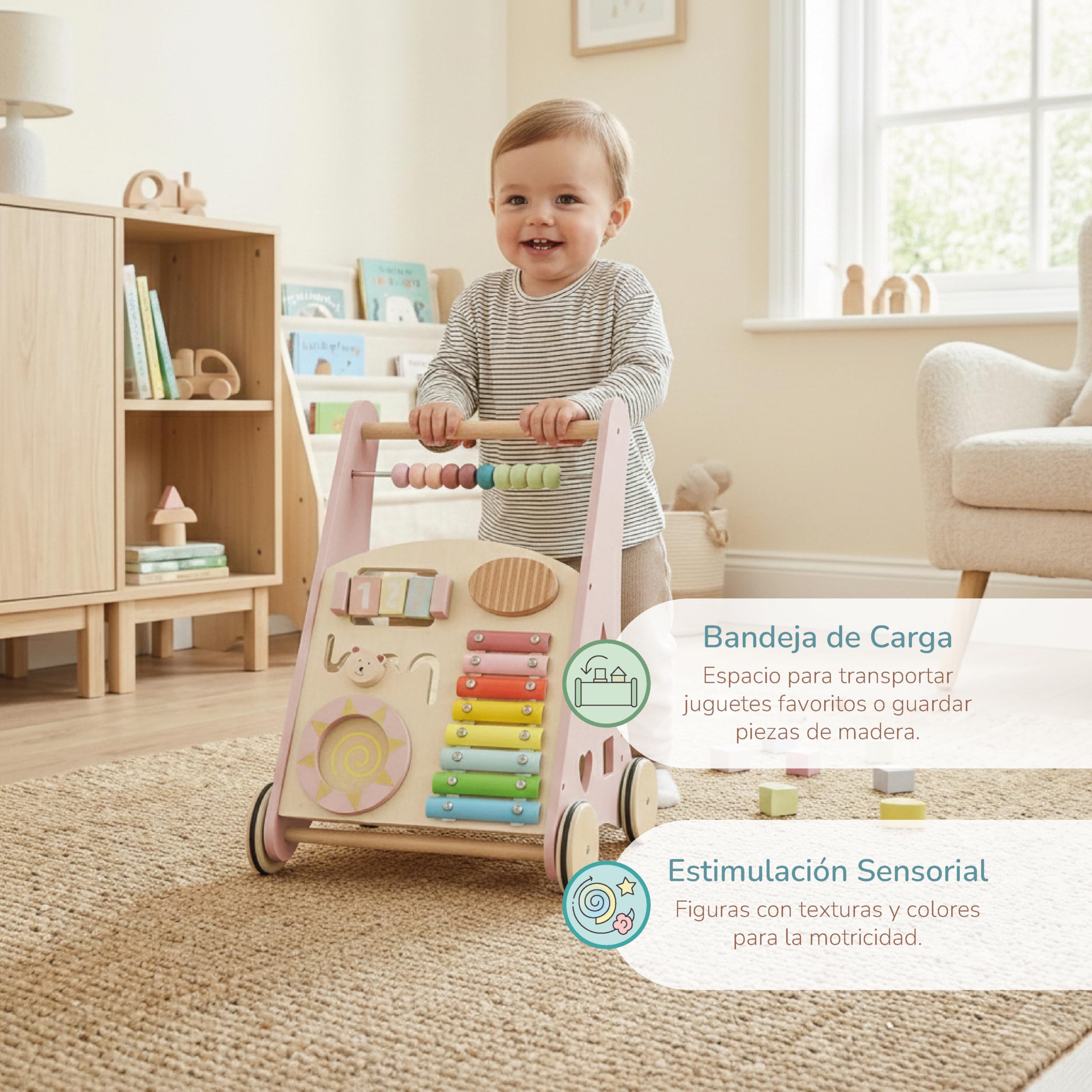 Buddy Baby Montessori- Wózek dziecięcy drewniany - Wózek biegowy do pierwszych kroków z zabawkami i zajęciami - Wózek spacerowy dla dziecka +12 miesięcy (Laponia/Róża)