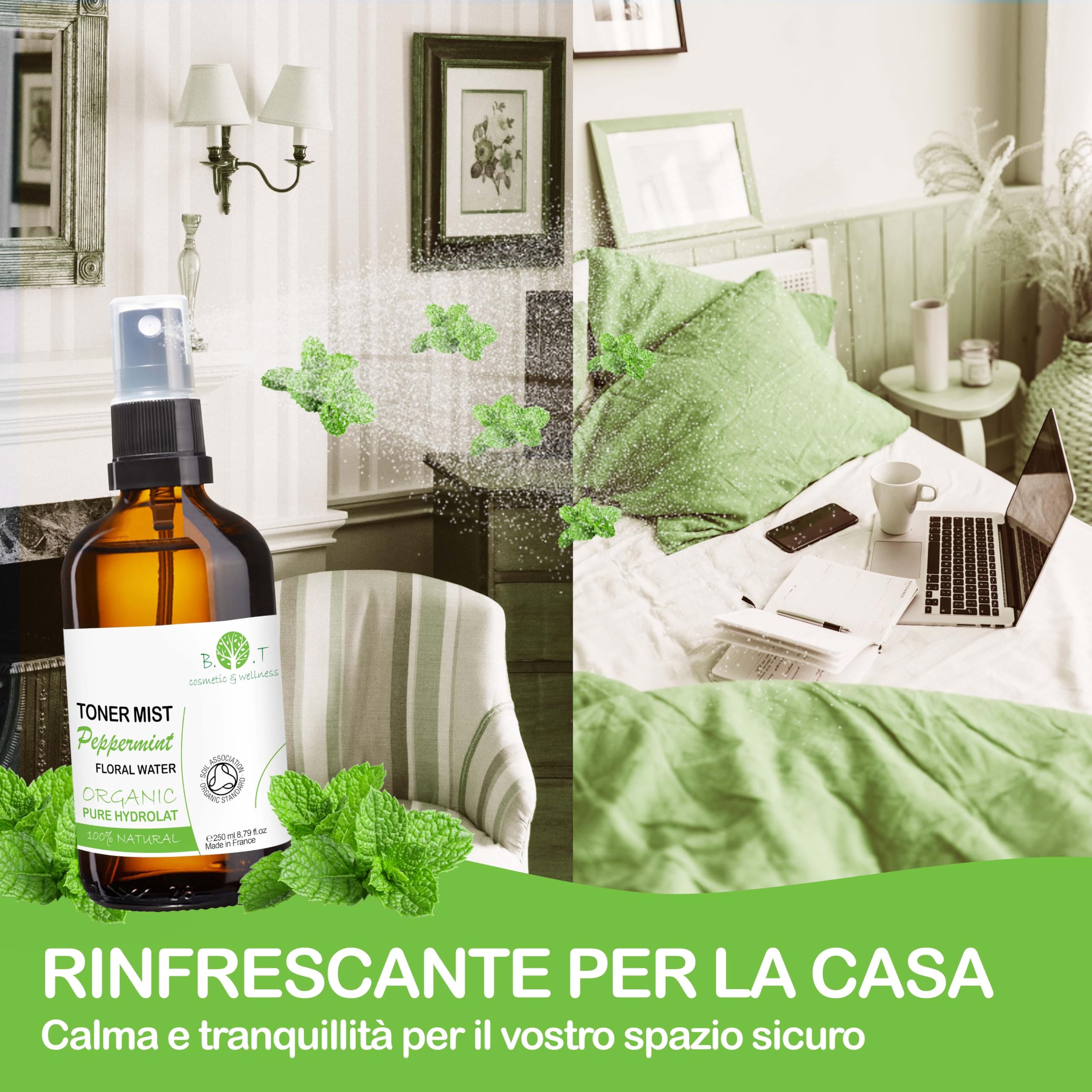 Acqua di Menta Piperita 500 ml Tonico Crescita dei Capelli, Antiforfora e Anticaduta. Tonico Detergente per la Pelle Grassa e lenitivo per la Pelle Sensibile.