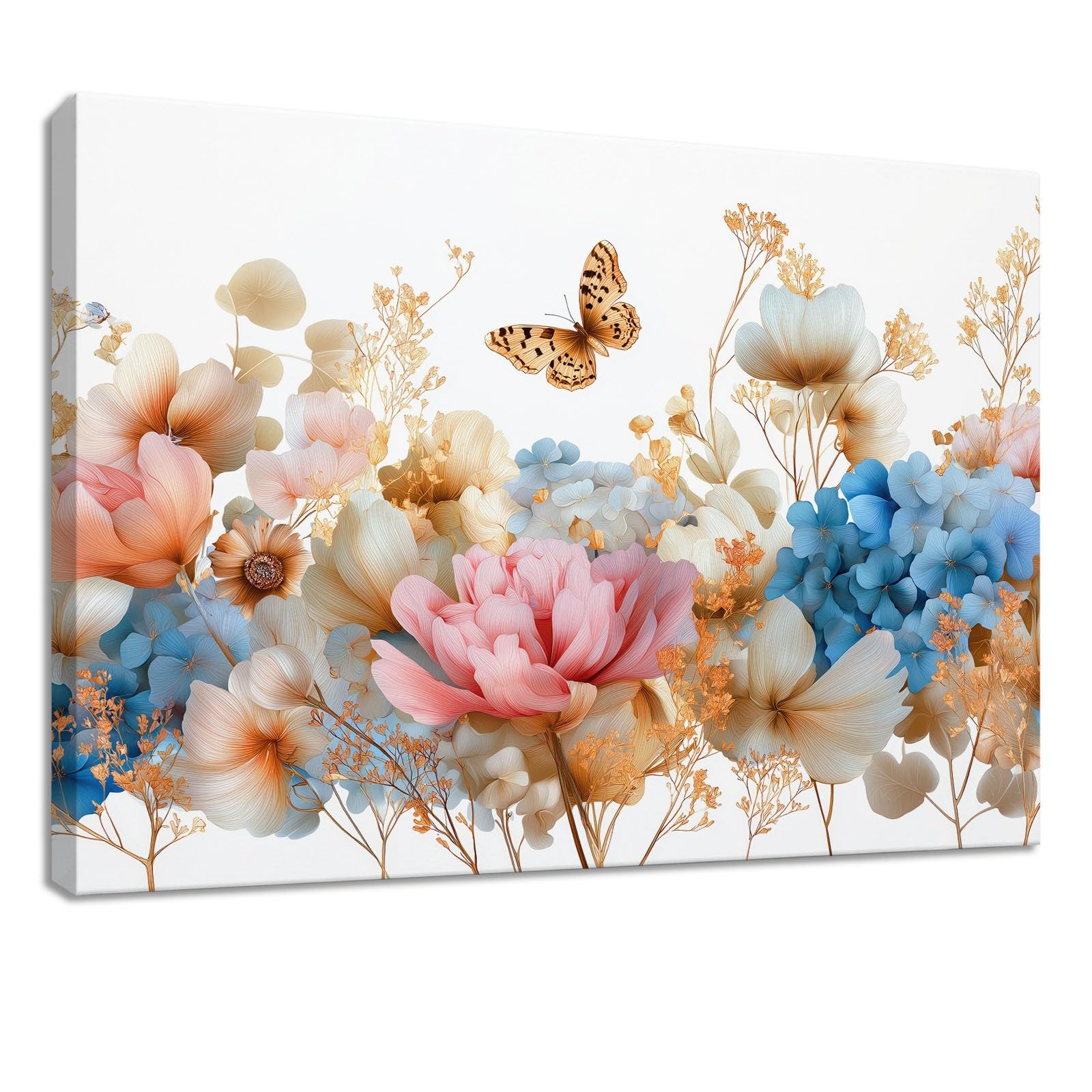 Genérico Impresión sobre lienzo de campestre Cuadro decorativo de pared, pintura 100 x 70 cm, color blanco, floral, mariposa planta, carteles artísticos para sala de estar, dormitorio, cocina, oficina