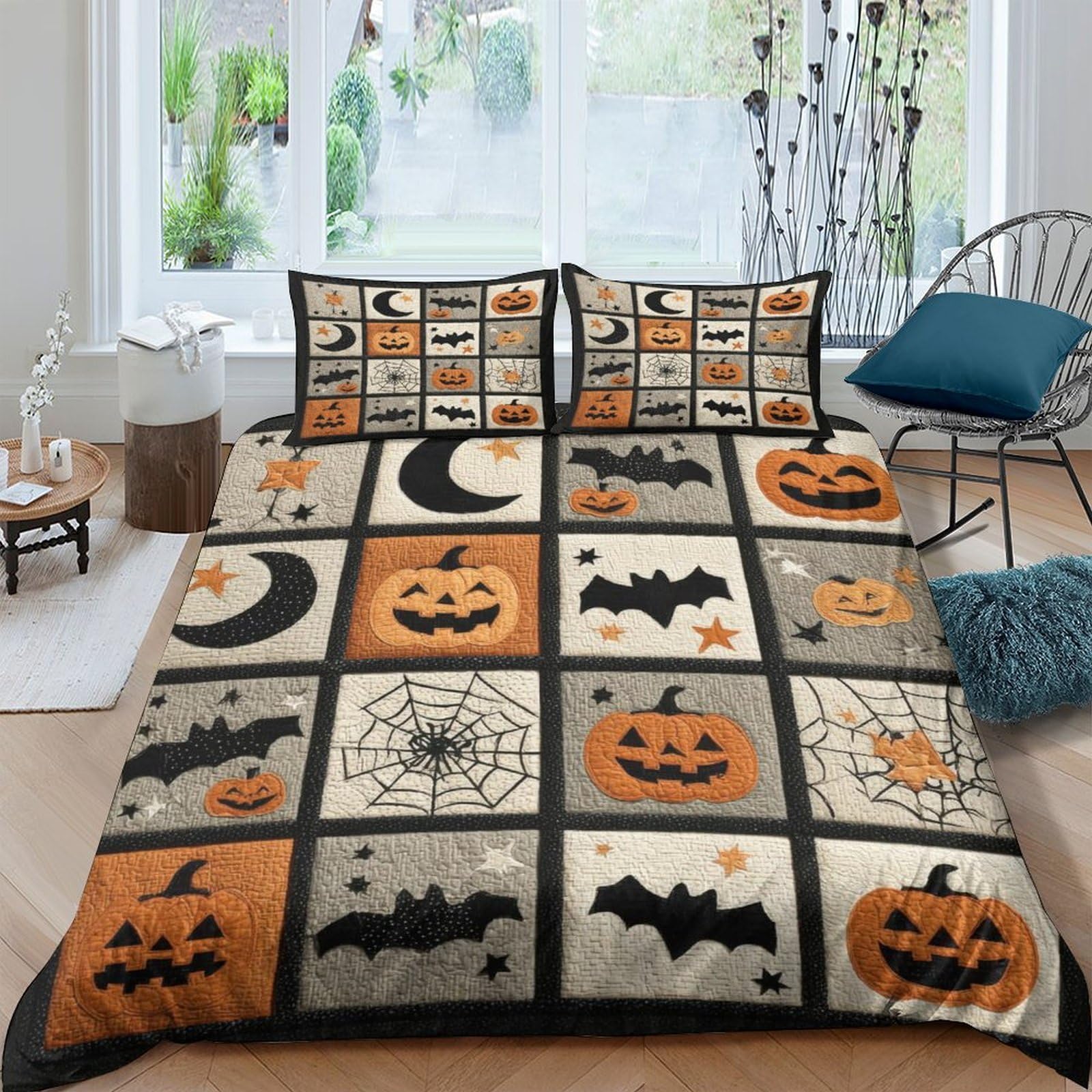 Ctjqhvkz Style-10 3D Printed Halloween Pumpkin Fitted Sheet Microfiber Soft Decor Bat Moon Bed Cover For Bedroom Guest Room Single（135X200cm）