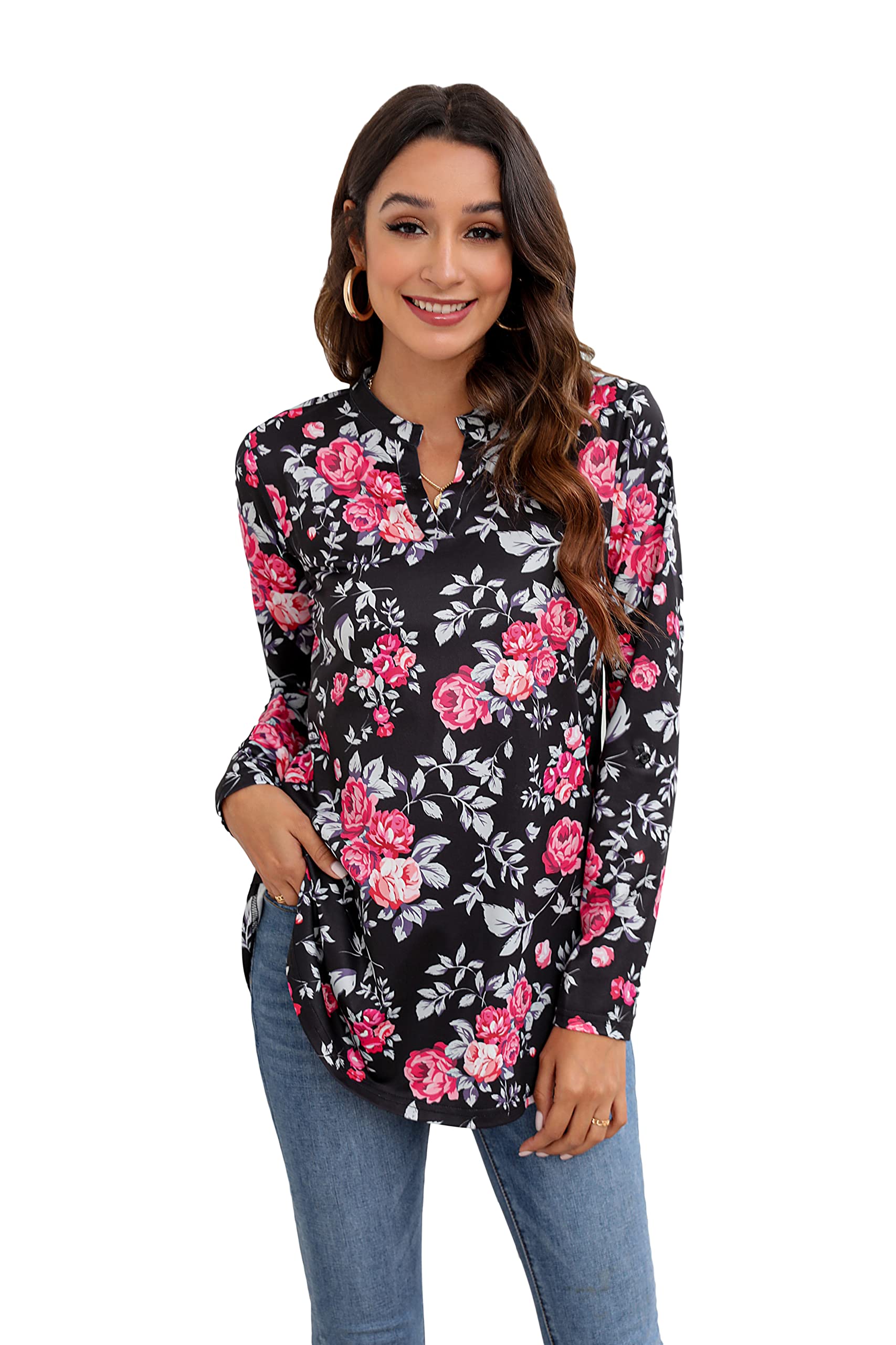 Enmain Camisetas de Manga Larga para Mujer Cuello V Elegante Túnica Casual Suelto Manga Ajustable Blusas Top