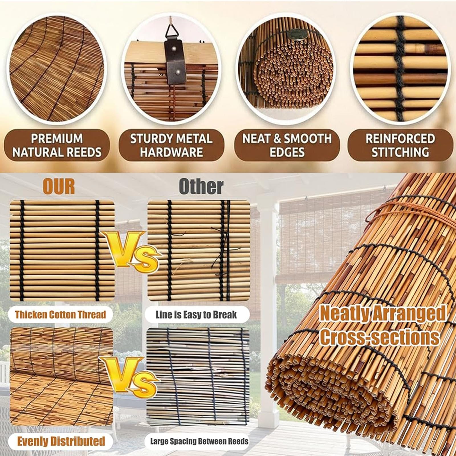 Tenda Bambù Esterno per Terrazza e Balcone, Tenda Avvolgibile in Canna e Bambù Naturale, Schermatura per Pergolato, Veranda e Giardino, Design Decorativo(W150 x H60 cm)