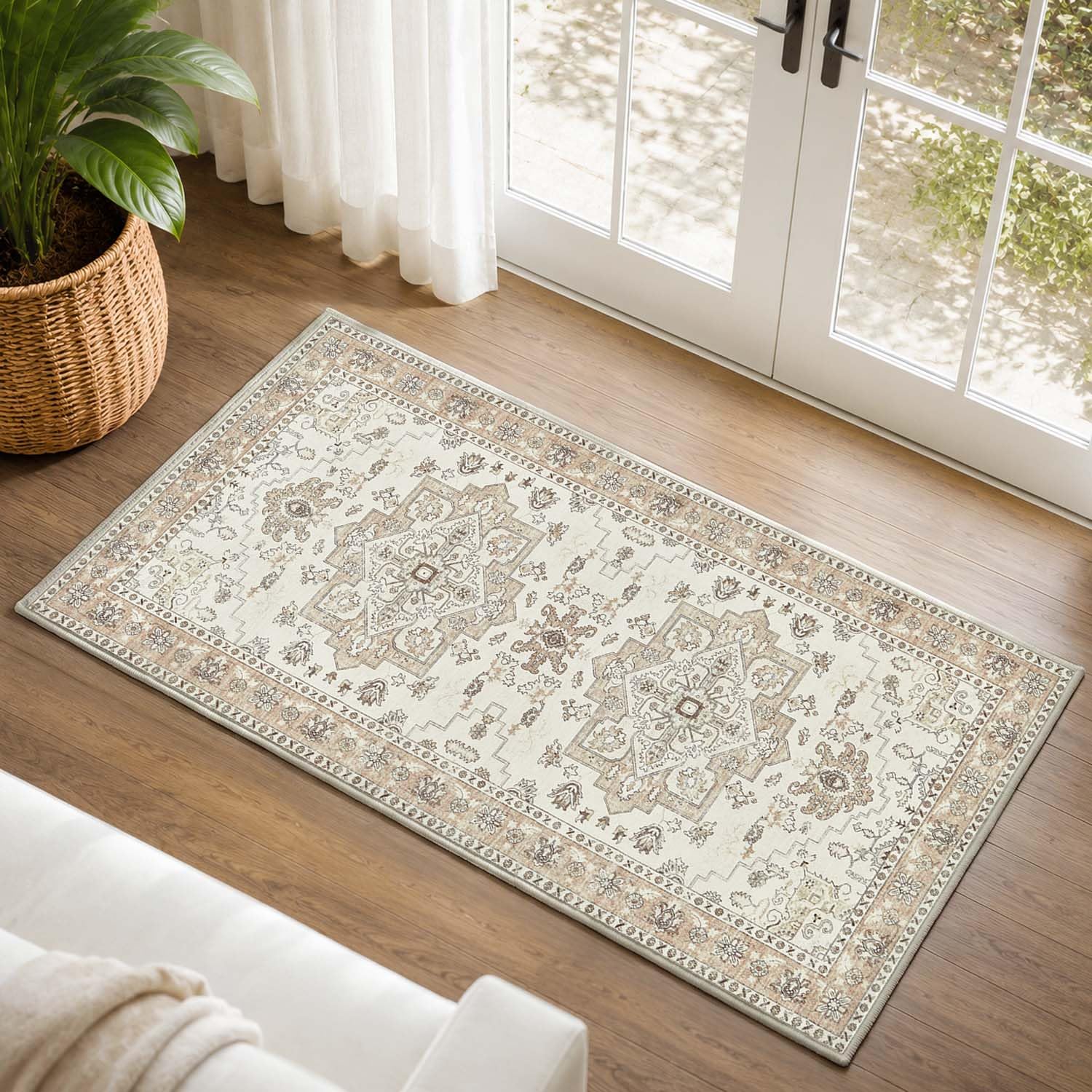 TOPICK Beige Taupe Washable Runner Rugs 60x110, Short Pile Vintage Door Mat