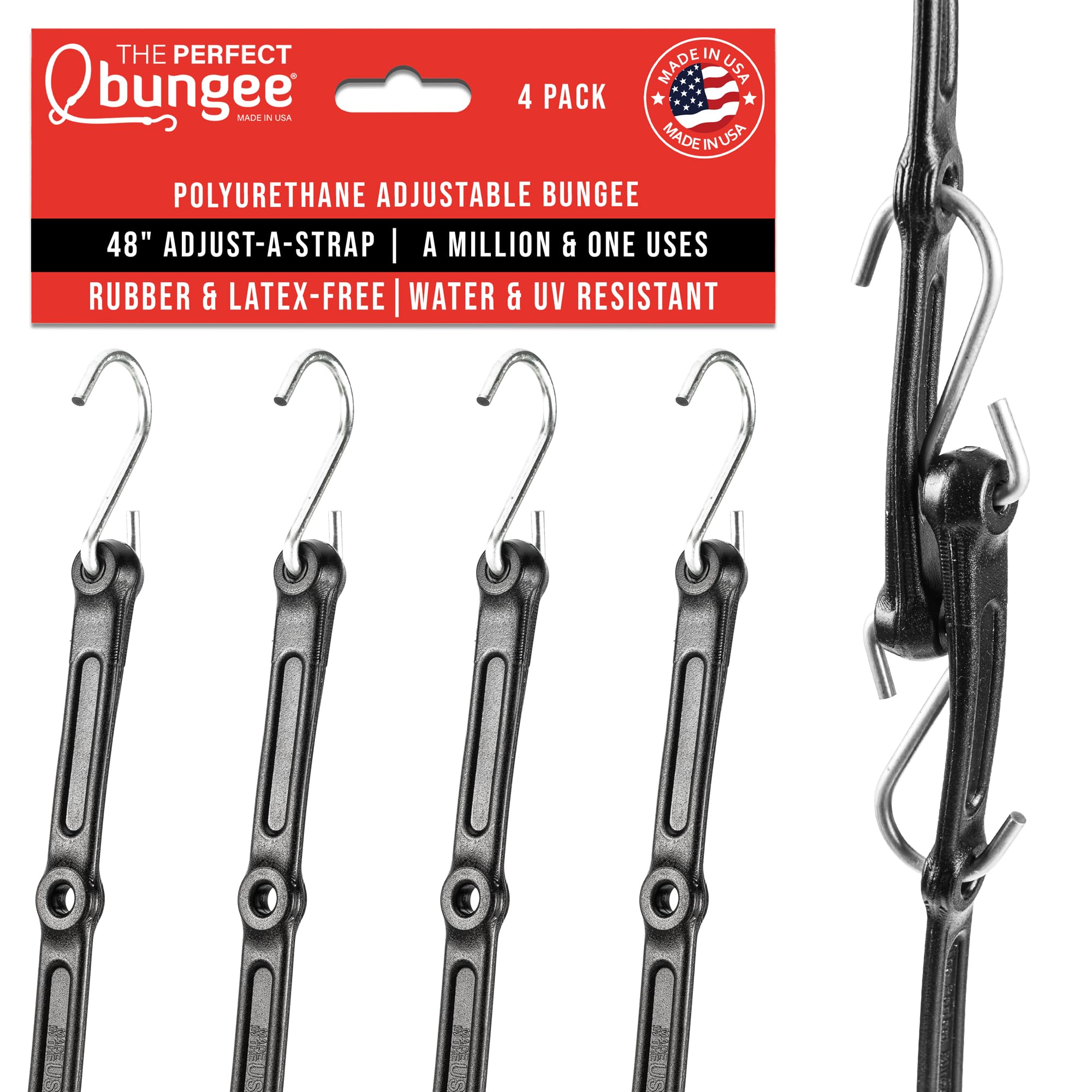 The Perfect Bungee 48" Adjust-A-Strap, Adjustable Heavy Duty Polyurethane Bungee Strap, Made in USA, 4 Pack, Black
