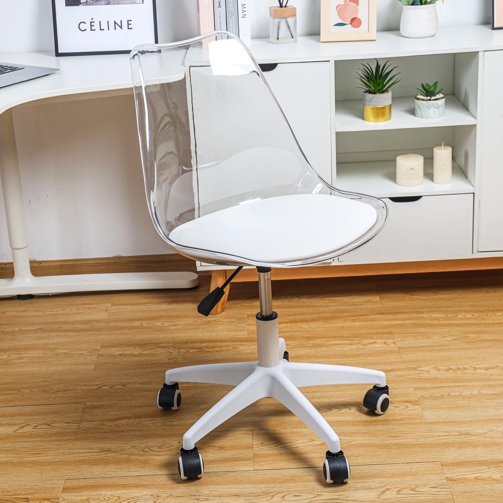 Ganooly Acrylic Clear Desk Chair with Wheels, Adjustable Height Home Office Armless Ghost Swivel Chair, Modern Simple Plastic Computer Task Chair, Cute Vanity Rolling Chair for Small Space