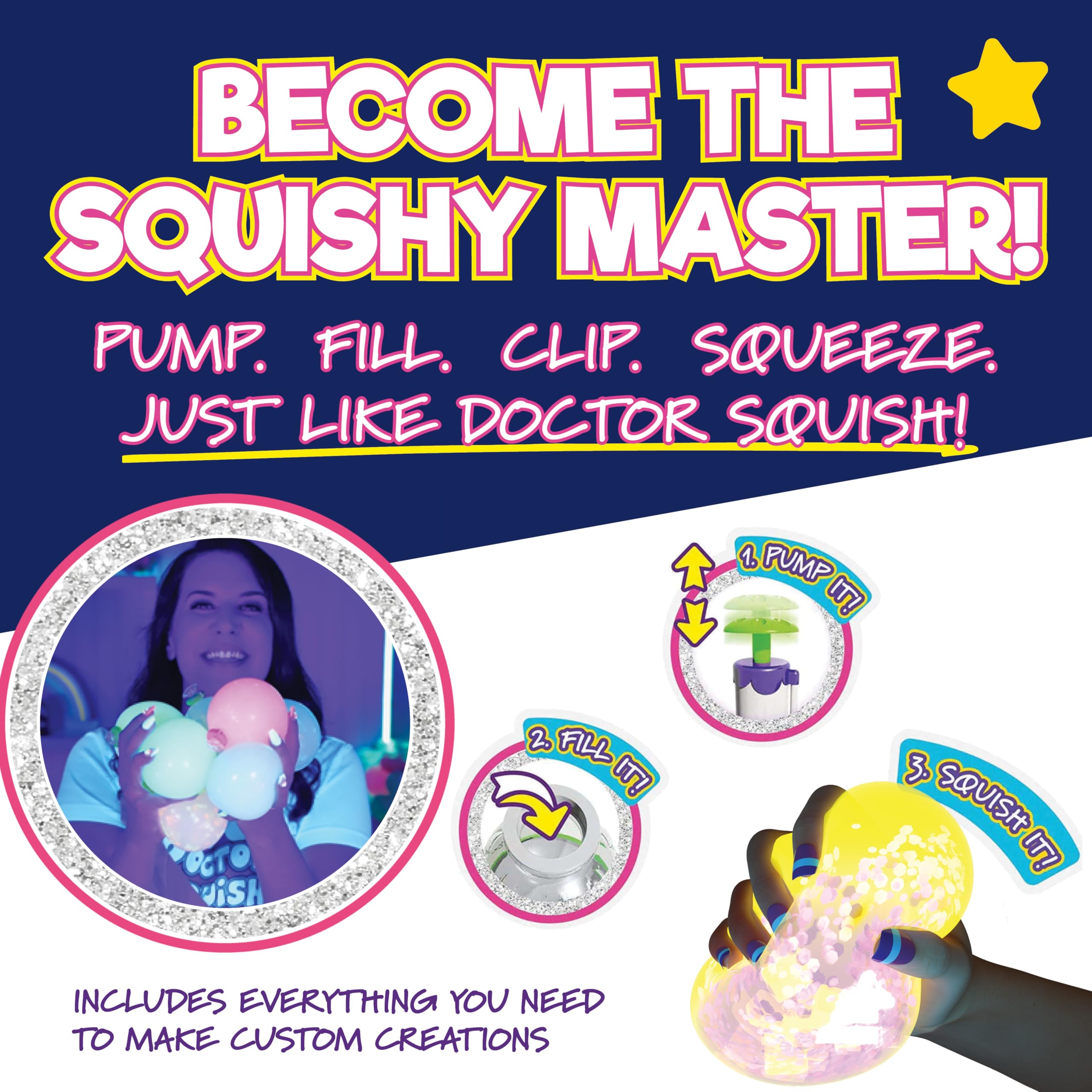 Doctor Squish - Squishy Maker Station Neon - Świecące w ciemności Squishies Udekoruj błyszczącymi, Proszkiem Slime i Squishami, po prostu dodaj wodę, aby stworzyć własną