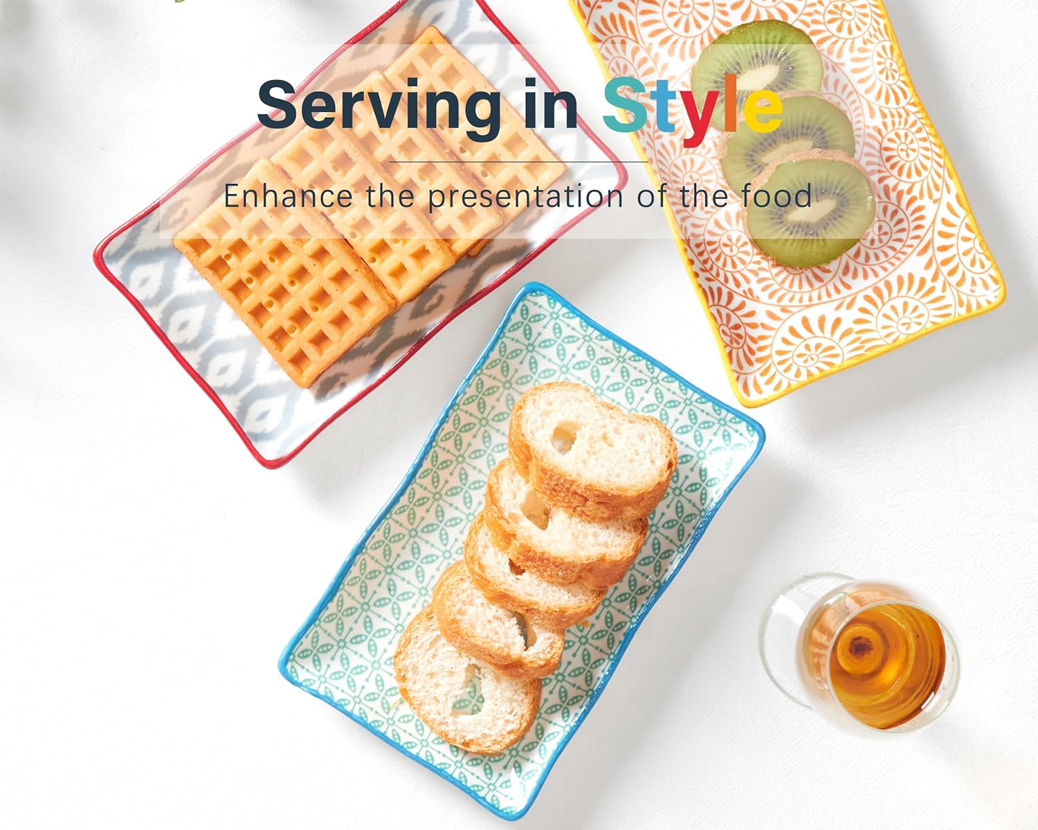 ONEMORE Appetizer Plates Set of 6-7.5 inch Small Serving Platters, Ceramic Rectangular Plates for Sushi Salad Dessert - Microwavable Oven & Dishwasher Safe, Scratch Resistant- Assorted Colors - Image 2