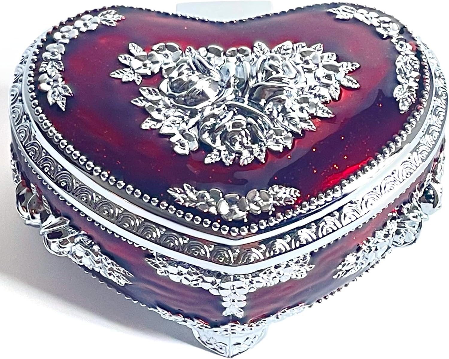Heart Shape Jewelry Box,Rose Relief Metal Jewelry Chest,Necklace Earrings Ring Storage Case for Women (Chrome Transparent Red, Medium)
