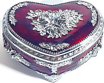 Heart Shape Jewelry Box,Rose Relief Metal Jewelry Chest,Necklace Earrings Ring Storage Case for Women Chrome Transparent Red, Small