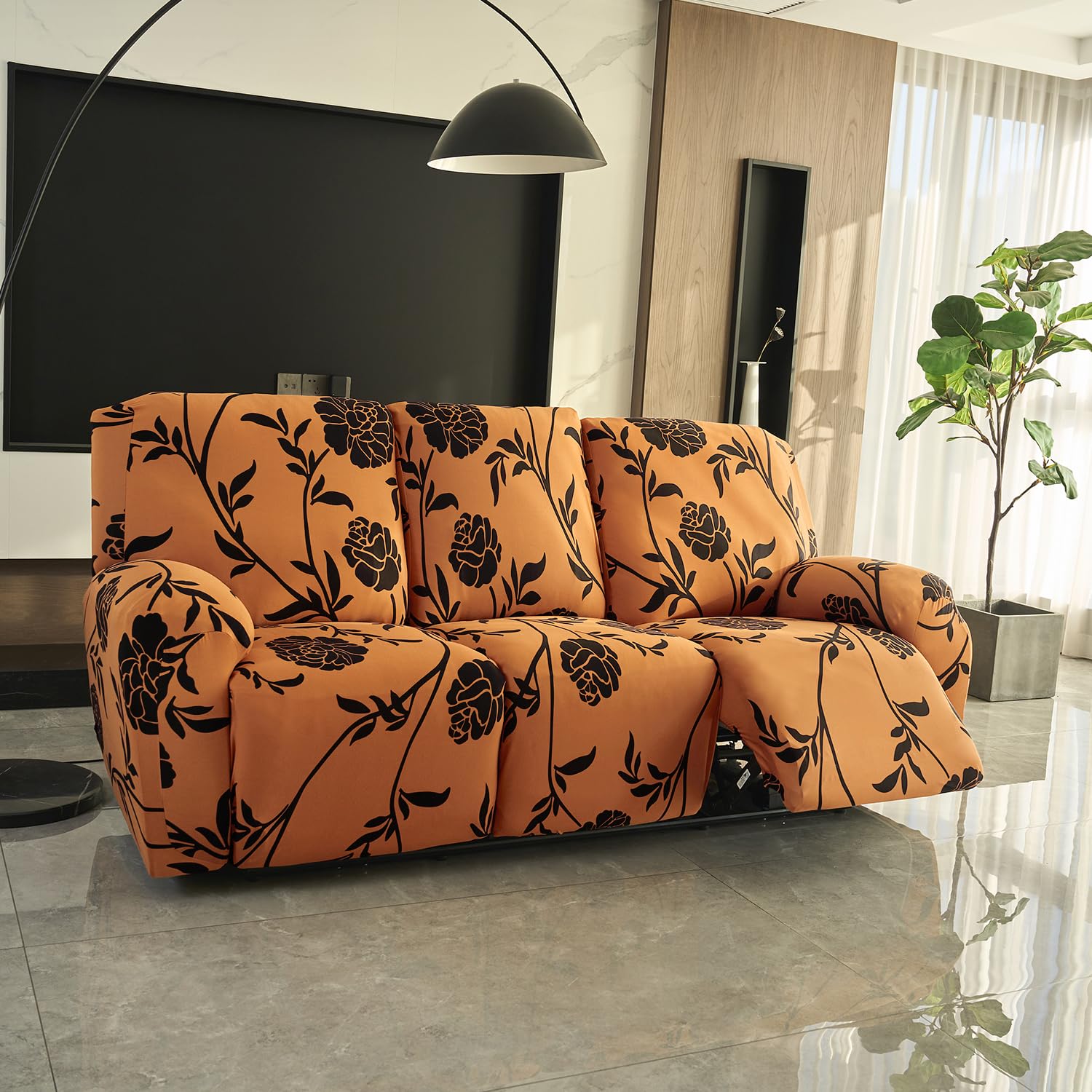 HOKIPO Polyester Blend 140Gsm Stretchable Recliner Sofa Cover 3 Seater,Copper Brown Floral(Ar-4942-C8)