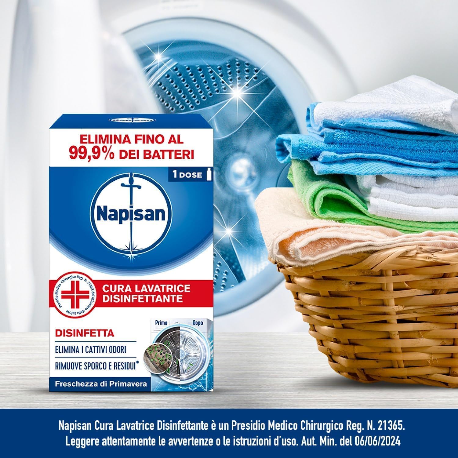 Napisan Cura Lavatrice Disinfettante Freschezza di Primavera, Elimina i Cattivi Odori, Rimuove Sporco e Residui di Sapone, 6 Confezione da 250ml