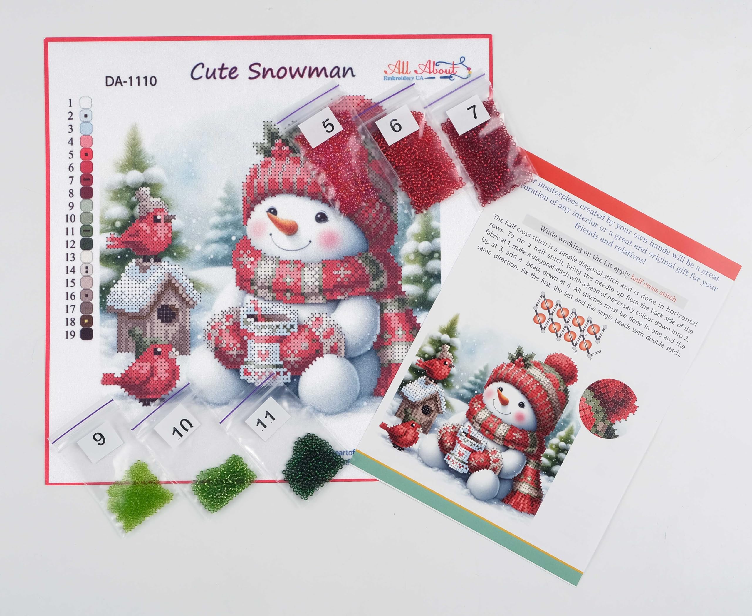 AllAboutEmbroideryUA Kit de bordado de cuentas, bonito muñeco de nieve DA-1110 con cuentas de punto de cruz, kit de costura de cuentas de Navidad