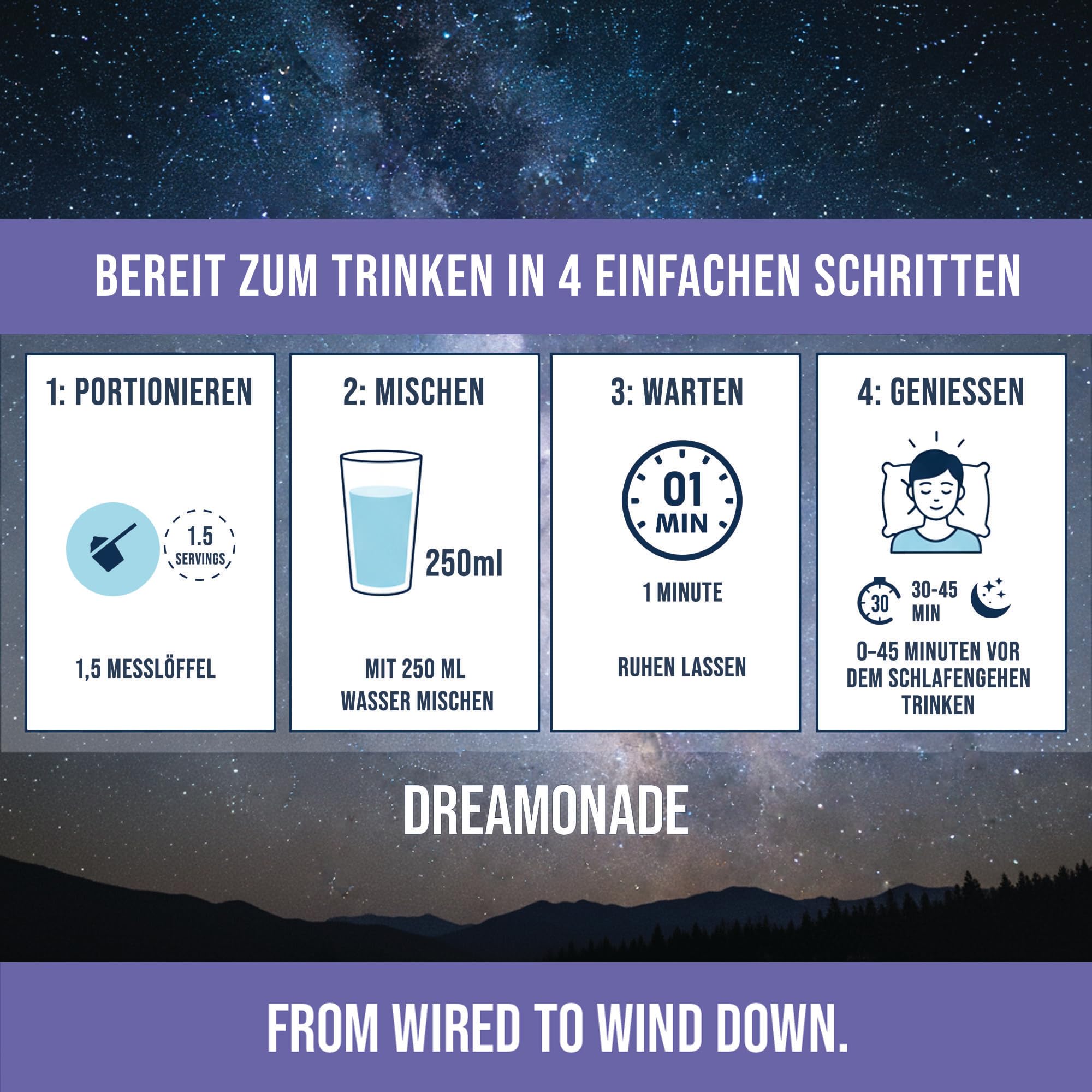 Dreamonade Getränkepulver für die Abendroutine | Magnesiumbisglycinat, Zink, Taurin, Vitamin B6, Vitamin B3 und L-Glycin | Von aufgedreht zum Runterfahren | 30 Portionen