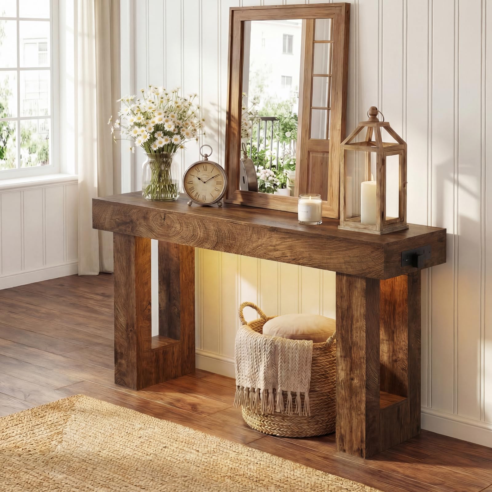 iSunirm Mesa Consola con Enchufes, 120x35x85 cm Consola Recibidor Estrecha con 2 Enchufes, 2 USB y Luz con Sensor, Pasillo, Salón, Detrás del Sofá, Roble Rústico