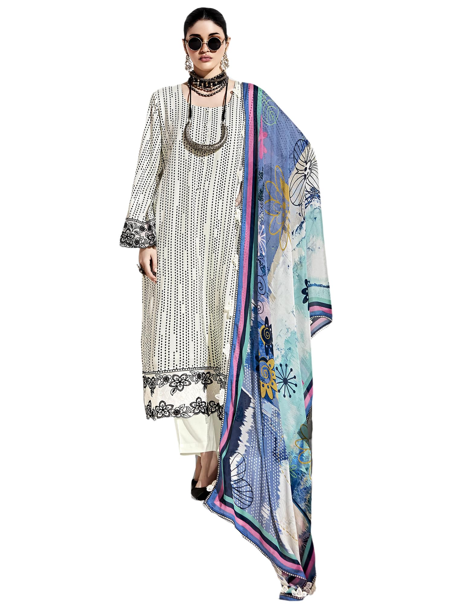 indo era Women's Cotton Blend White Geometric Embroidered Thread Work Straight Kurta & Pant with Dupatta Set-picture-14