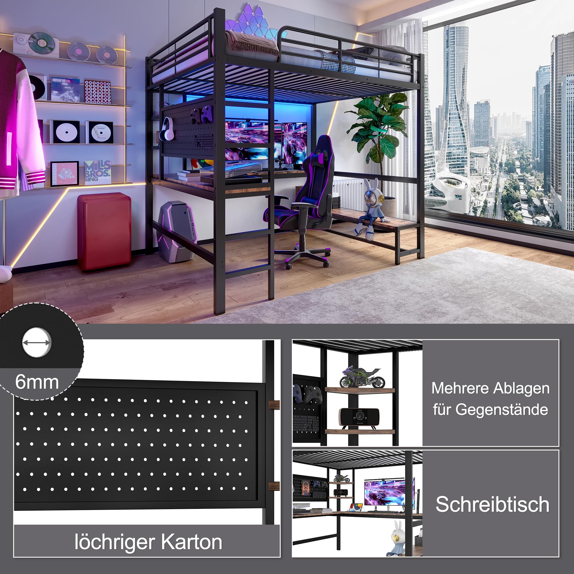 Lit Mezzanine 2 Places 140x200 avec LED et USB C, Lit Enfant en Métal avec Bureau et étagère et Rambarde, Lit Mezzanine Enfant avec Panneau Perforé et Escalier, Lit en Hauteur Structure en Fer, Noir