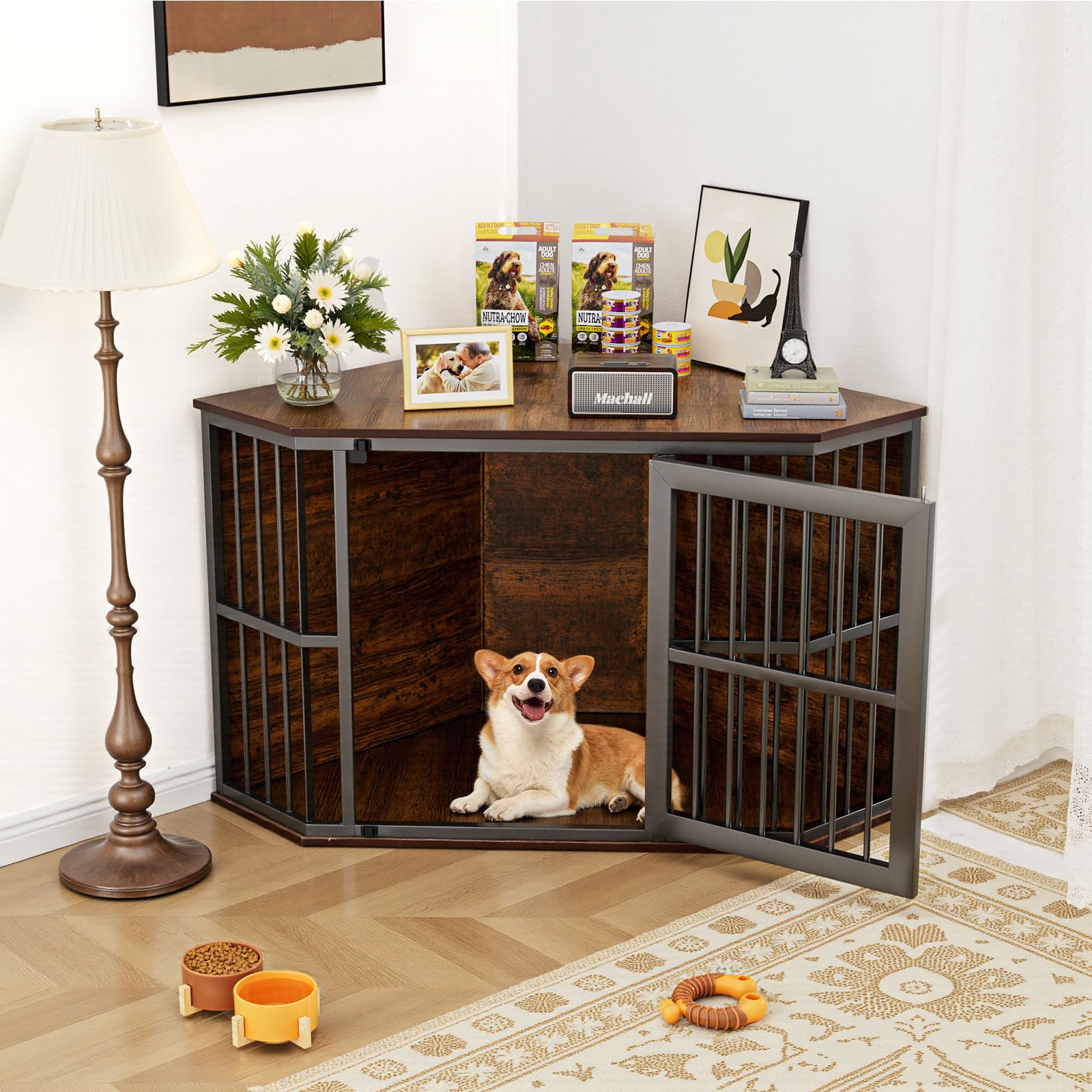 Gimars Meuble d’Angle pour Chien, Cage Décorative en Bois, Table d’Appoint Intérieure pour Chien de Petite et Moyenne Taille, Marron