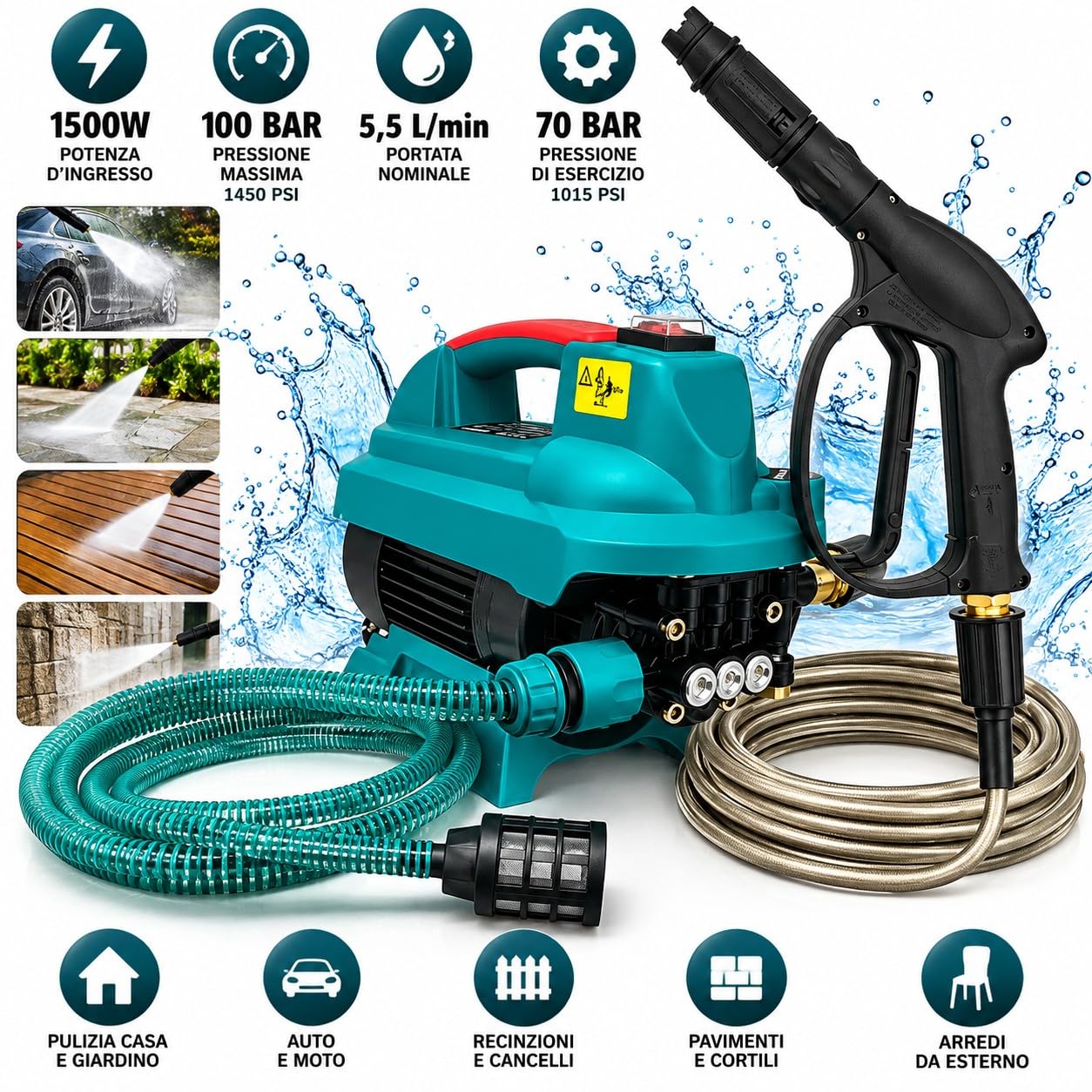 Idropulitrice 1500W 100 Bar, 5,5 L/min, 70 Bar Pressione di Esercizio, Idropulitrice ad Alta Pressione con Aspirazione da Secchio, Attacco Rubinetto, Tubo Alta Pressione