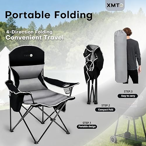 Miniatura 8 de XMT Reposabrazos extra anchos Silla plegable portátil con soporte para tazas, bolsa enfriadora, tela Oxford 600D resistente, soporta 450 libras,