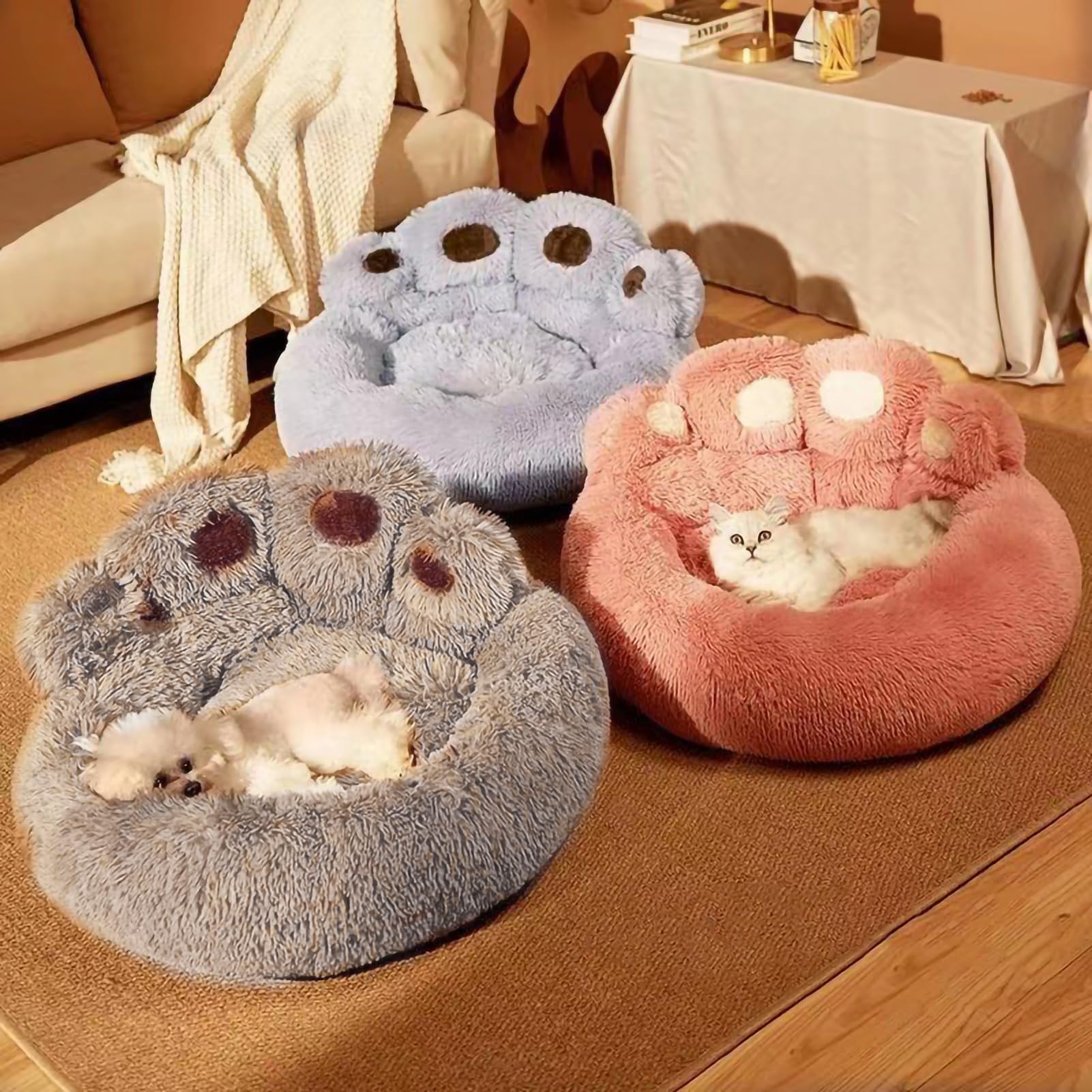 HshDUti Cama calmante para perros y gatos, en forma de pata, antiansiedad, cama redonda cálida y acogedora, para perros y gatos pequeños y medianos, rosa, 60 cm