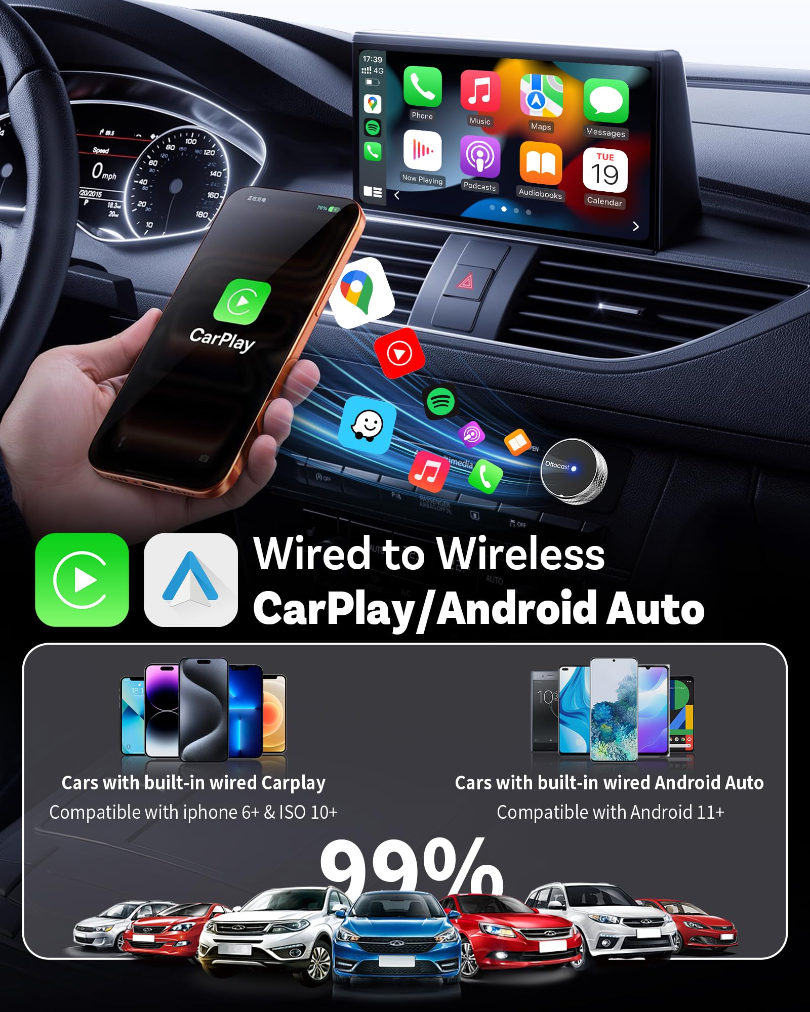 OTTOCAST Mini Tube 2026, bezprzewodowy adapter samochodowy CarPlay i Android do iOS 10+/Android 11+, połączenie 5-8s, USB-A/Type-C, aktualizacja OTA, kompatybilny z 99% pojazdami od 2016 r. (nie