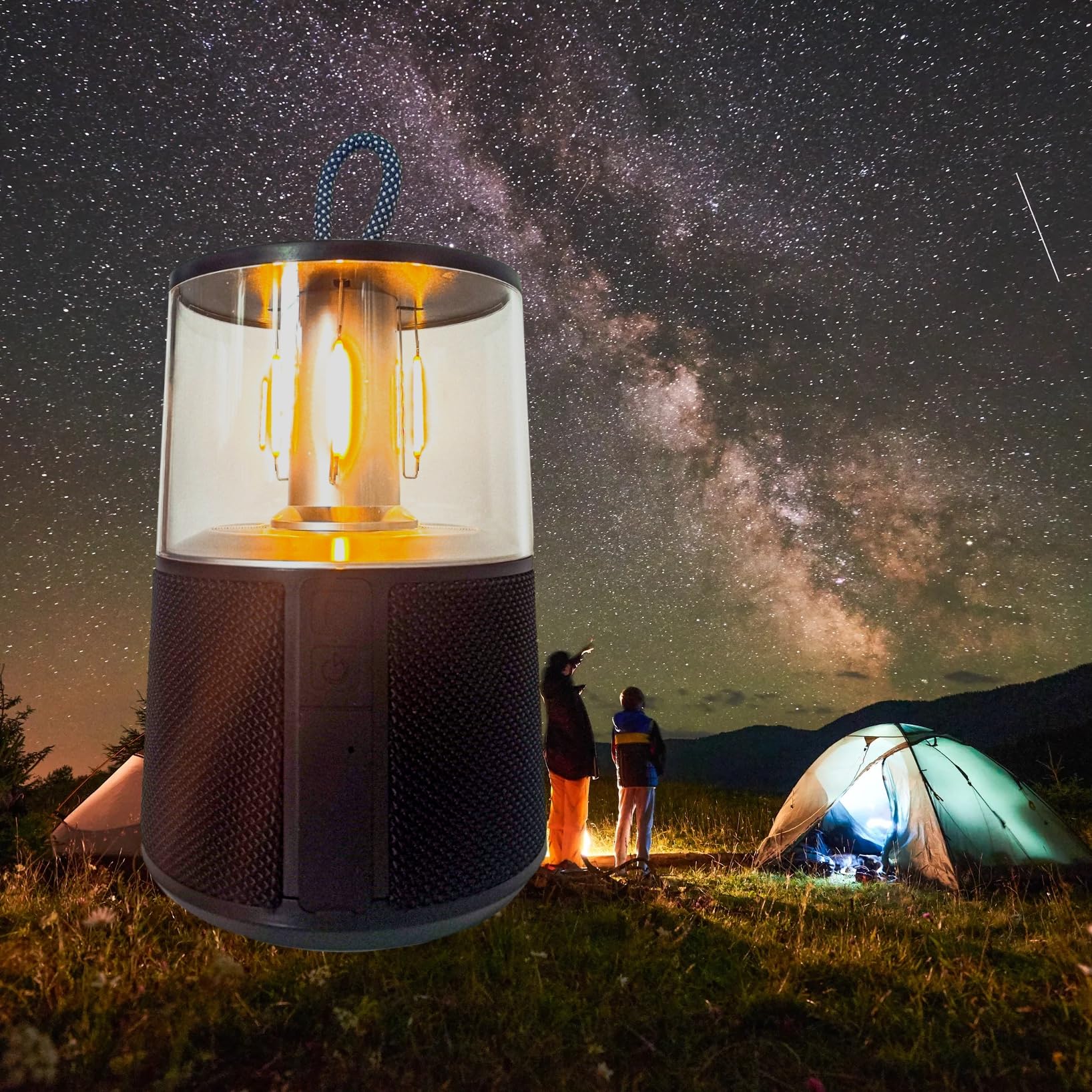 Lampe de Camping LED Rechargeable Portable avec Haut-parleur Bluetooth, Ampoule LED Vintage pour Tente, Lampe Vintage pour Table de Pub en Plein Air (Noir)