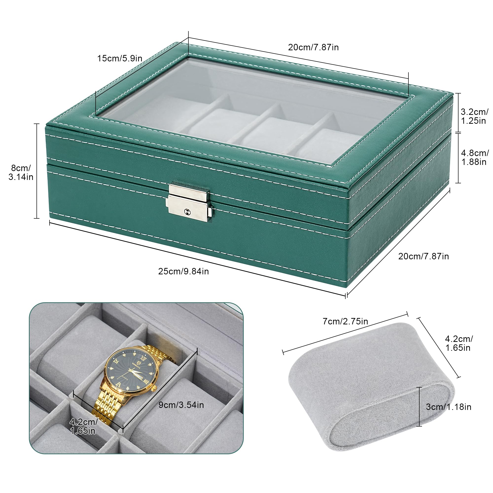 TRIXES Scatola per orologi in ecopelle verde con 10 scomparti – organizer per orologi con finestra in vetro – scatola con cuscini rimovibili